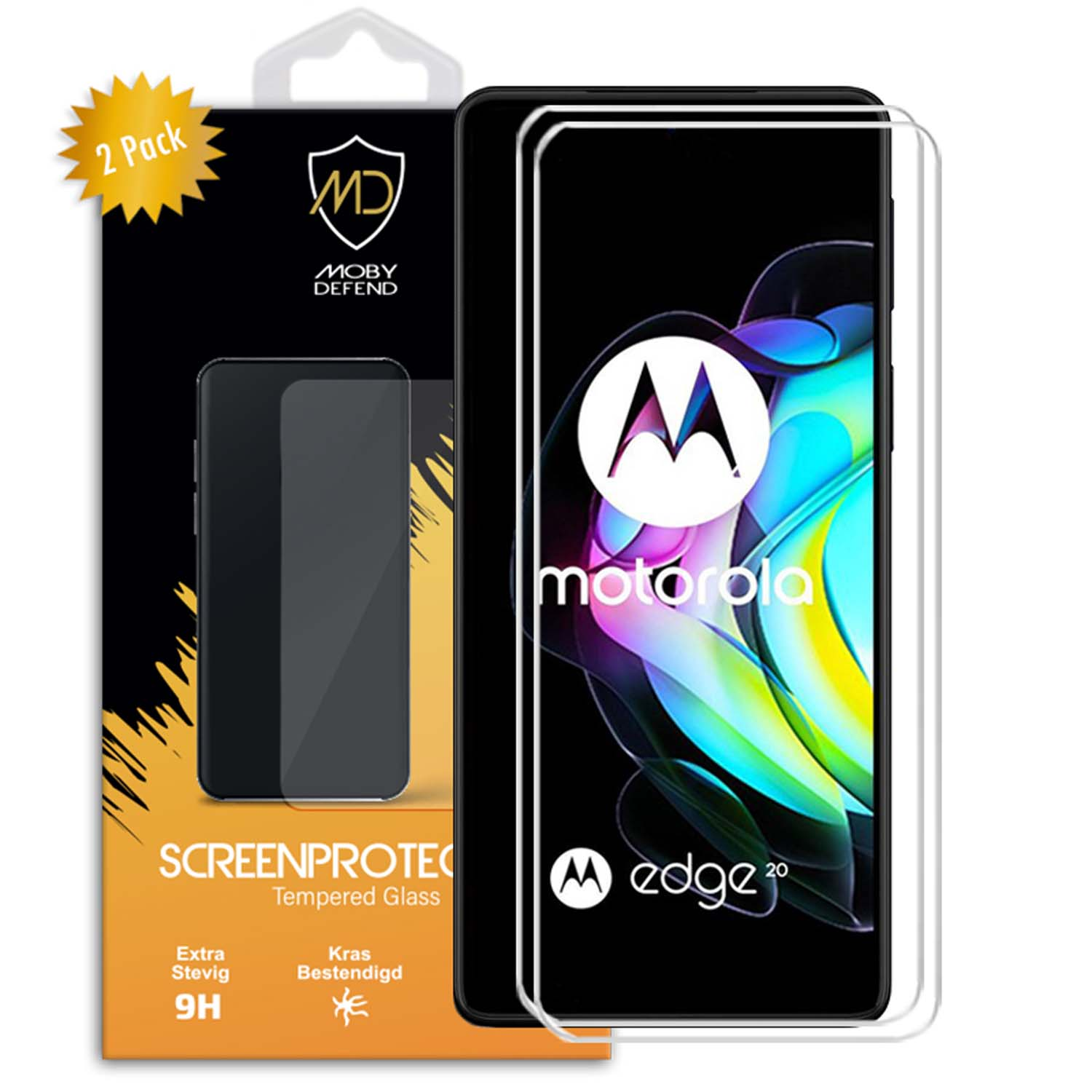 Motorola Edge 20 screenprotector met 2 stuks, Moby Defend merk, gehard glas, zwarte telefoon.