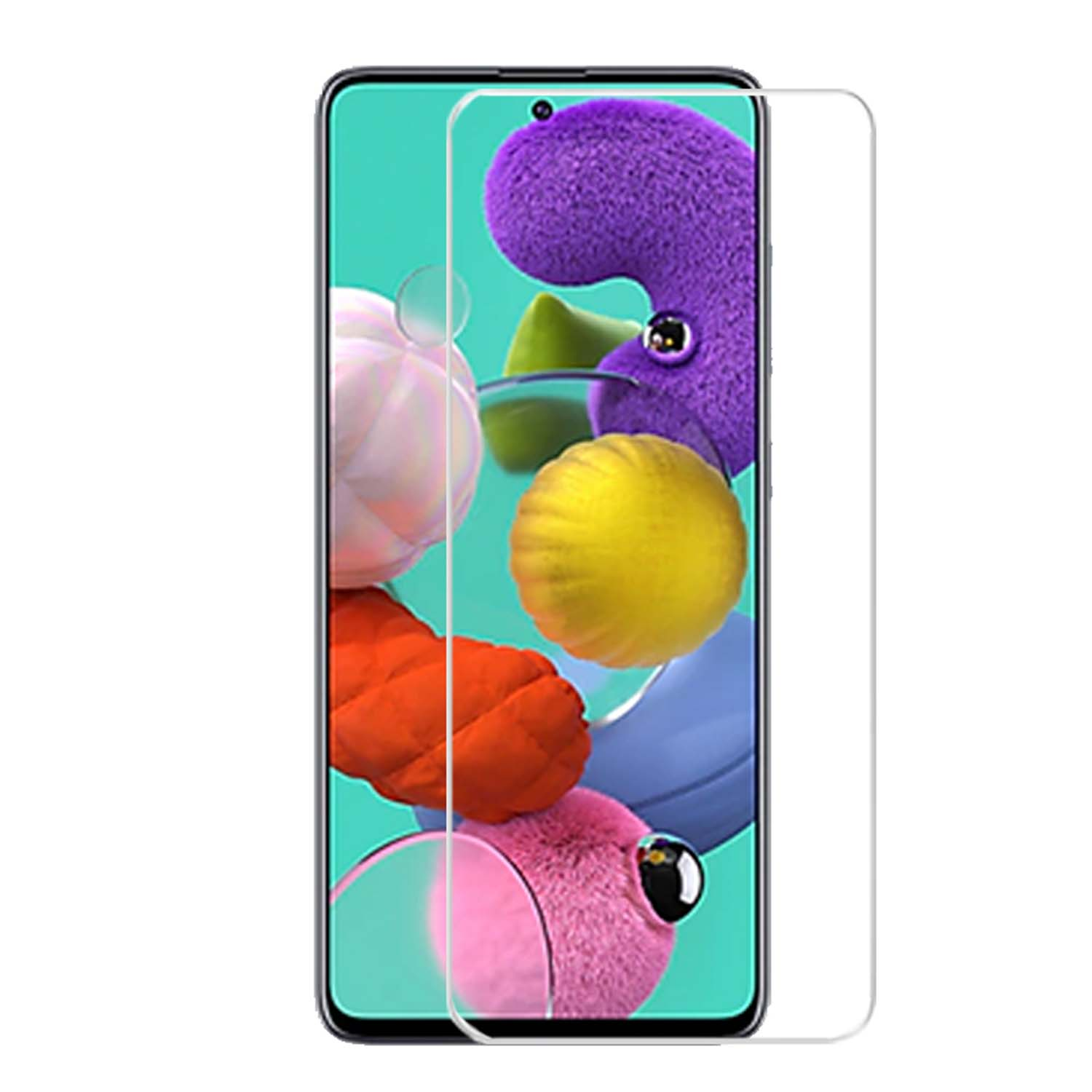 Écran de téléphone avec protecteur, affichant des formes abstraites colorées en arrière-plan.