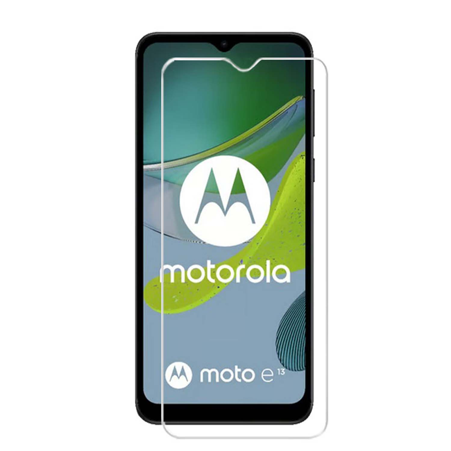 Téléphone Motorola avec protecteur d'écran. Fond blanc et vert. Logo Motorola visible.