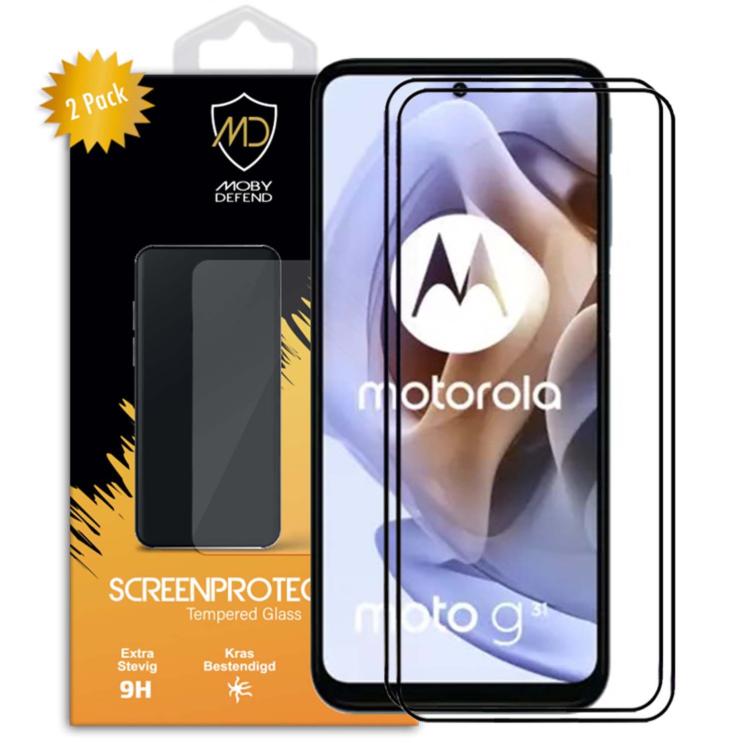 Motorola-telefoon met schermbeschermer en verpakking. Moto g53 zichtbaar op het scherm.