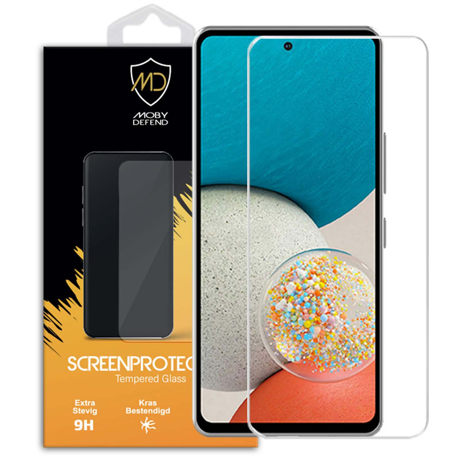 Telefoon met schermbeschermer, doos op de achtergrond. Zwarte telefoon, heldere beschermer en doos met logo.
