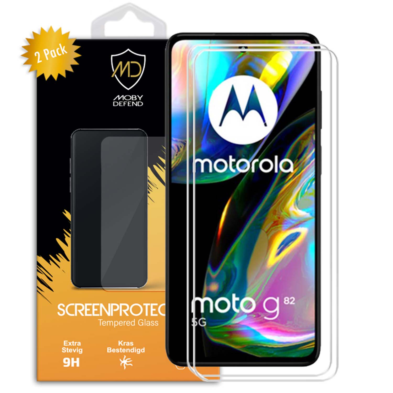 Een telefoon met schermbeschermers. Het scherm toont het Motorola-logo en de tekst 'moto g82'.