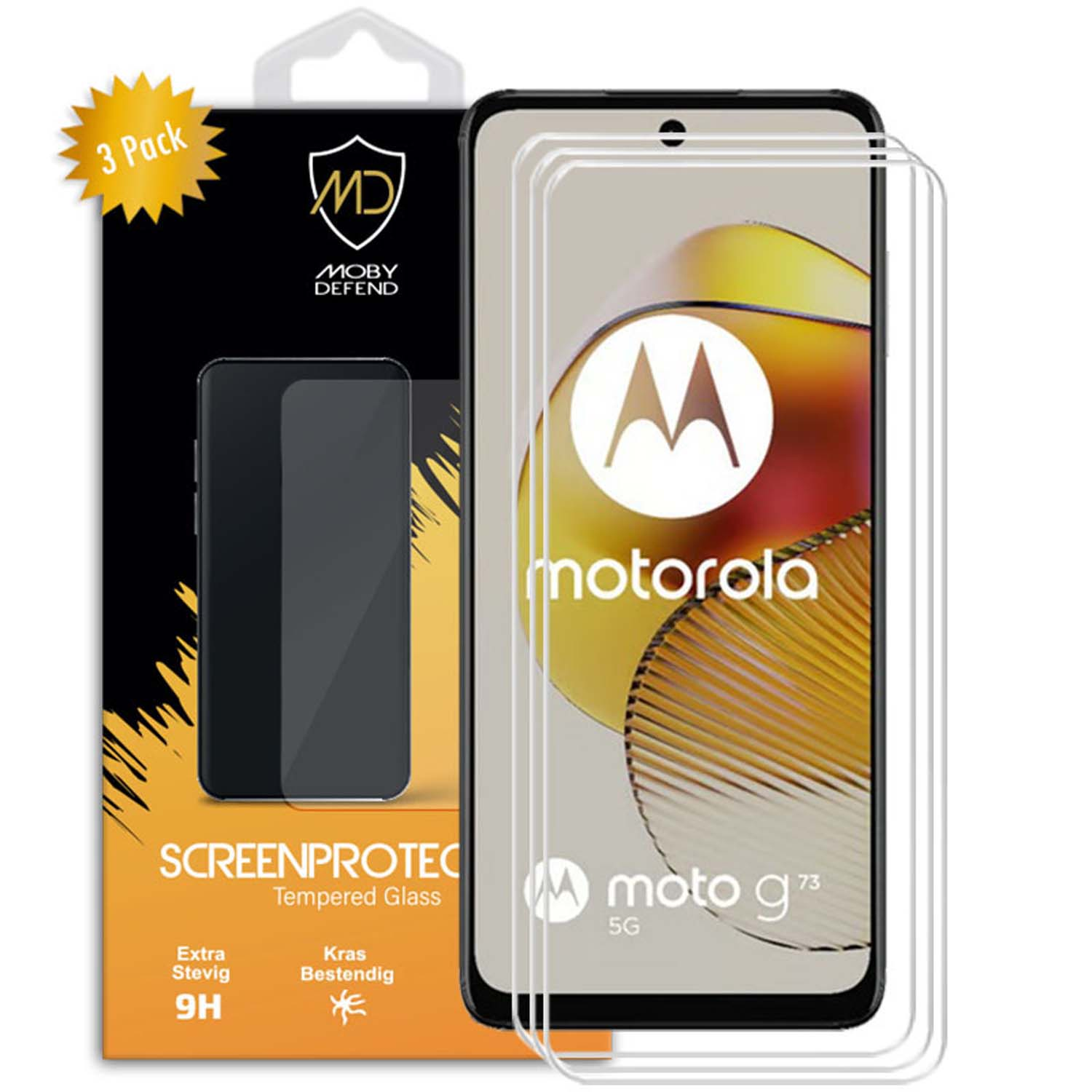 Motorola telefoon met screenprotectors. Doos toont een telefoon en protector. Telefoon toont Motorola logo en Moto G73.