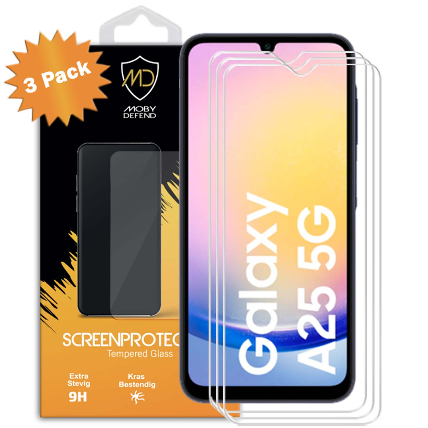 Téléphone avec protecteur d'écran, boîte avec logo et info. Pack de 3.
