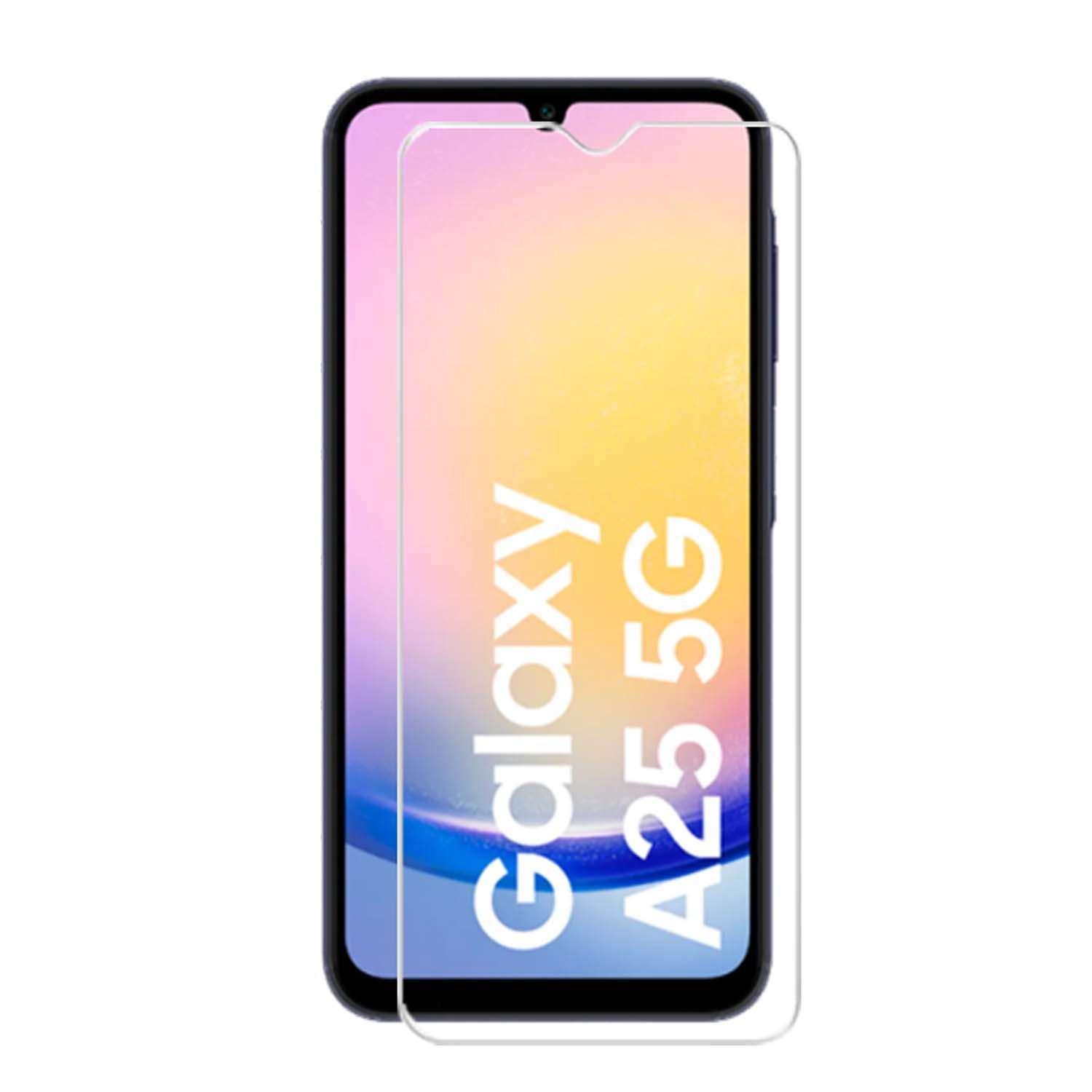 Een telefoonscherm met een beschermer. Toont Galaxy A25 5G.