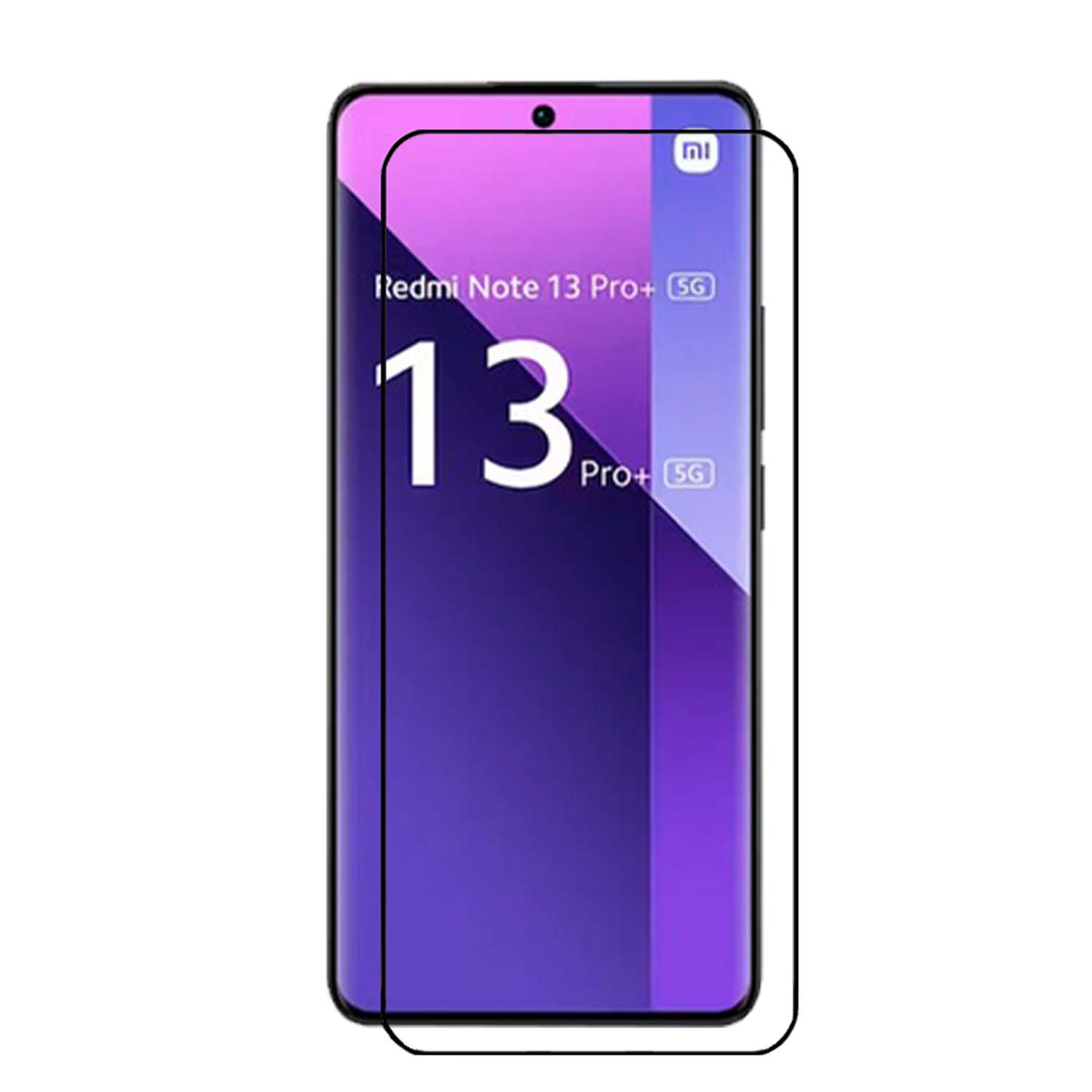 Téléphone avec protecteur d'écran pour Redmi Note 13 Pro+, fond violet et logo.