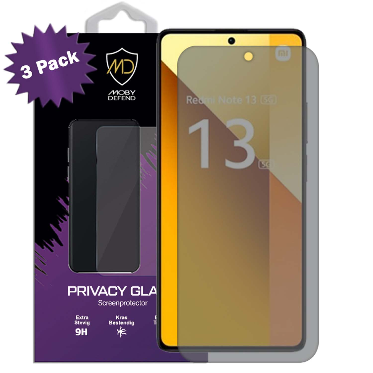 Redmi Note 13 telefoon met privacy screenprotector. Doos toont telefoon en protector. De telefoon toont het nummer 13.