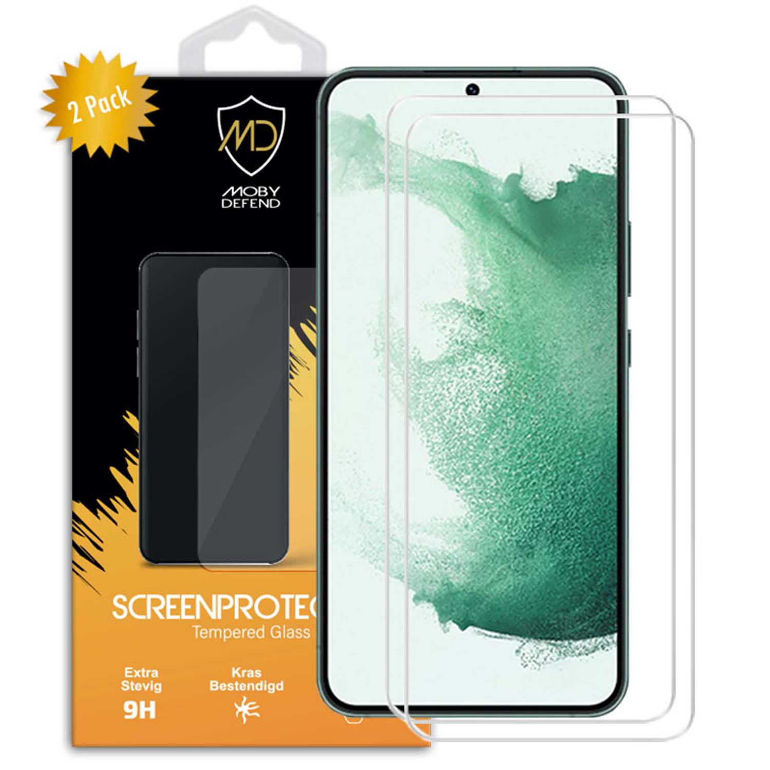 Téléphone avec deux protecteurs d'écran, emballage Moby Defend et autocollant 2 pièces.