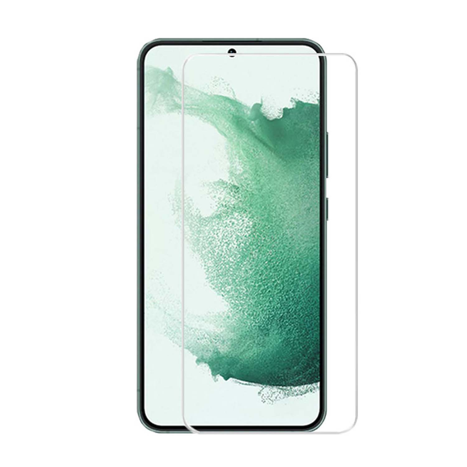 Téléphone avec protecteur d'écran. L'écran affiche un motif bleu clair et blanc.