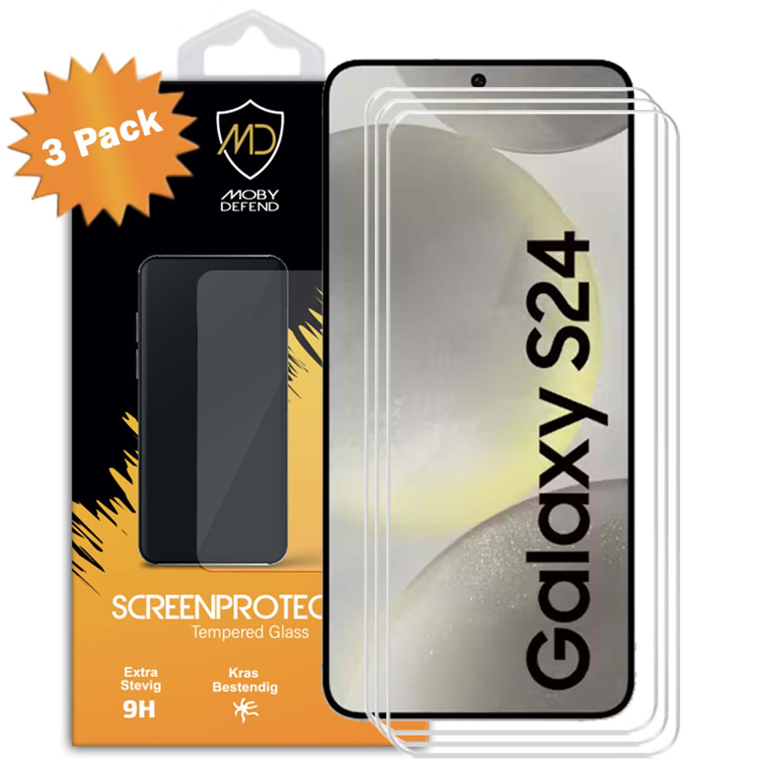Protecteur d'écran Galaxy S24, pack de 3, marque Moby Defend, verre trempé, téléphone avec fond clair.