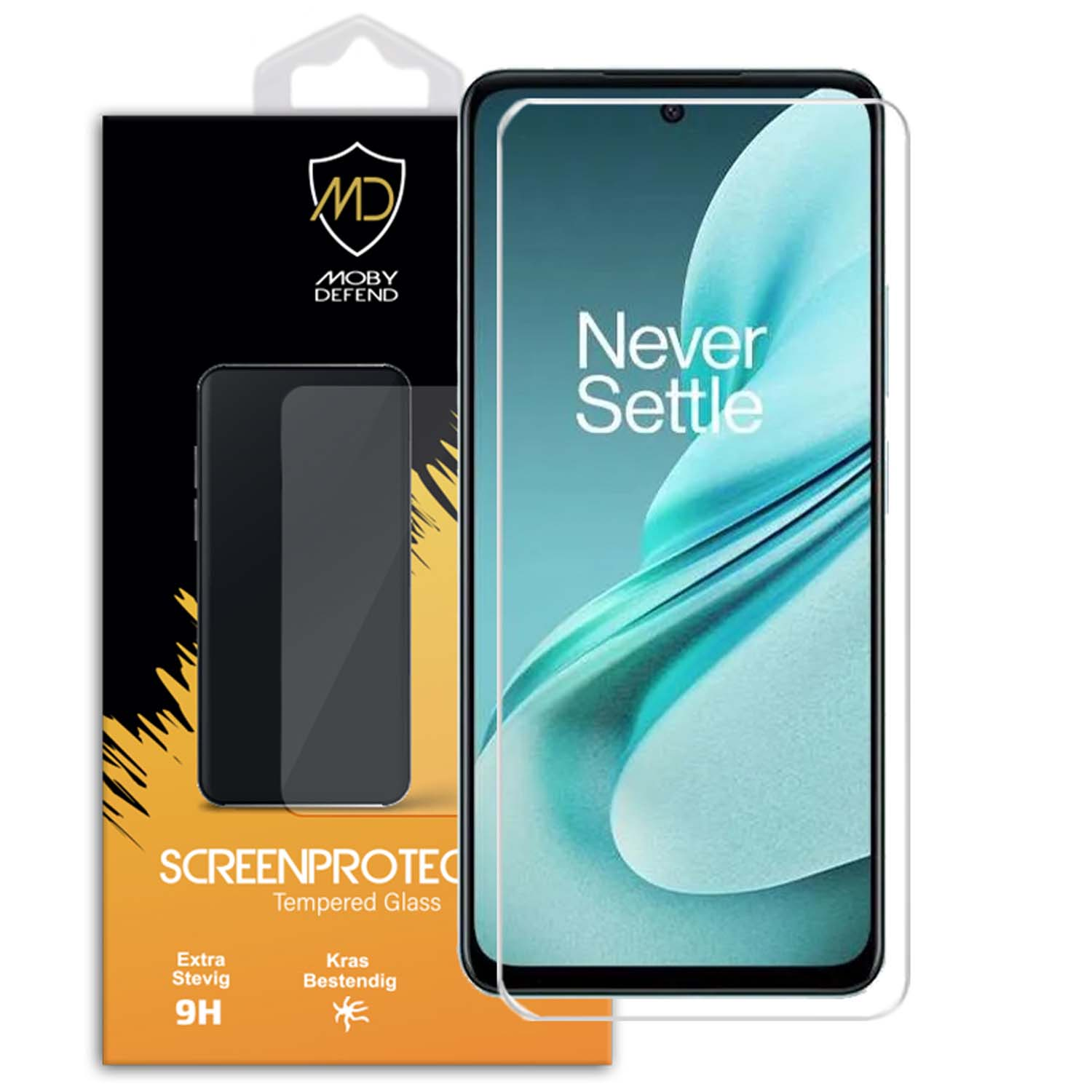 Téléphone avec protecteur d'écran, affichant le texte 'Never Settle' à l'écran.