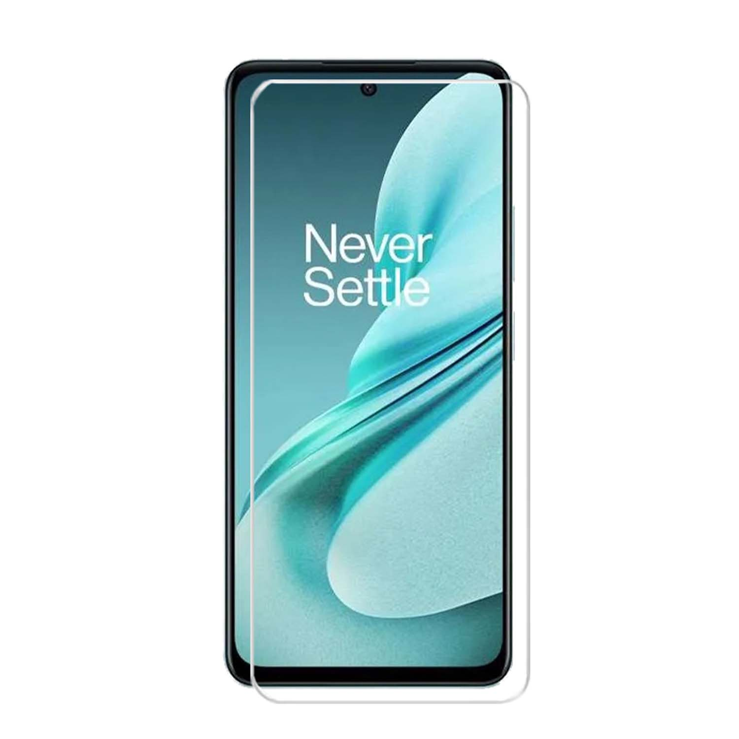 Écran de téléphone avec protecteur. Affichant le texte 'Never Settle' sur fond bleu.