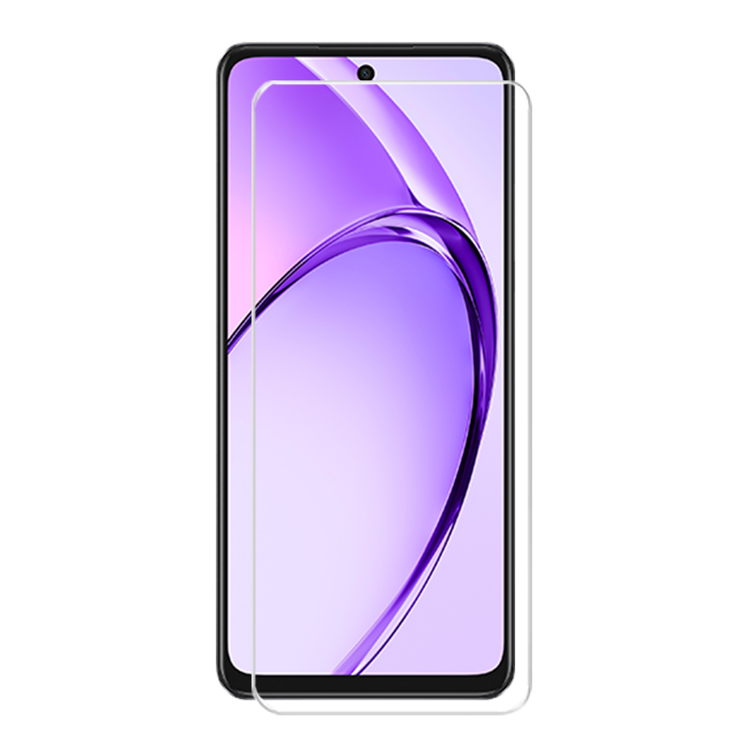 Een telefoon met screenprotector. Het scherm toont een paarse en witte achtergrond.