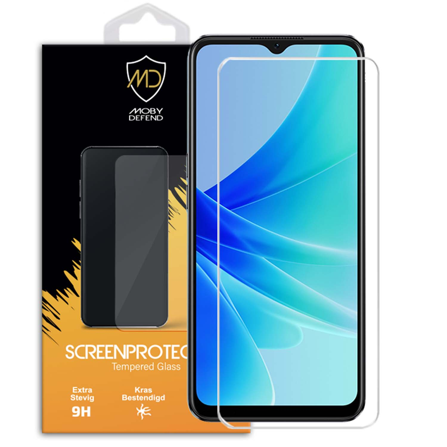 Boîte avec protecteur d'écran. Le téléphone affiche un fond bleu-vert.