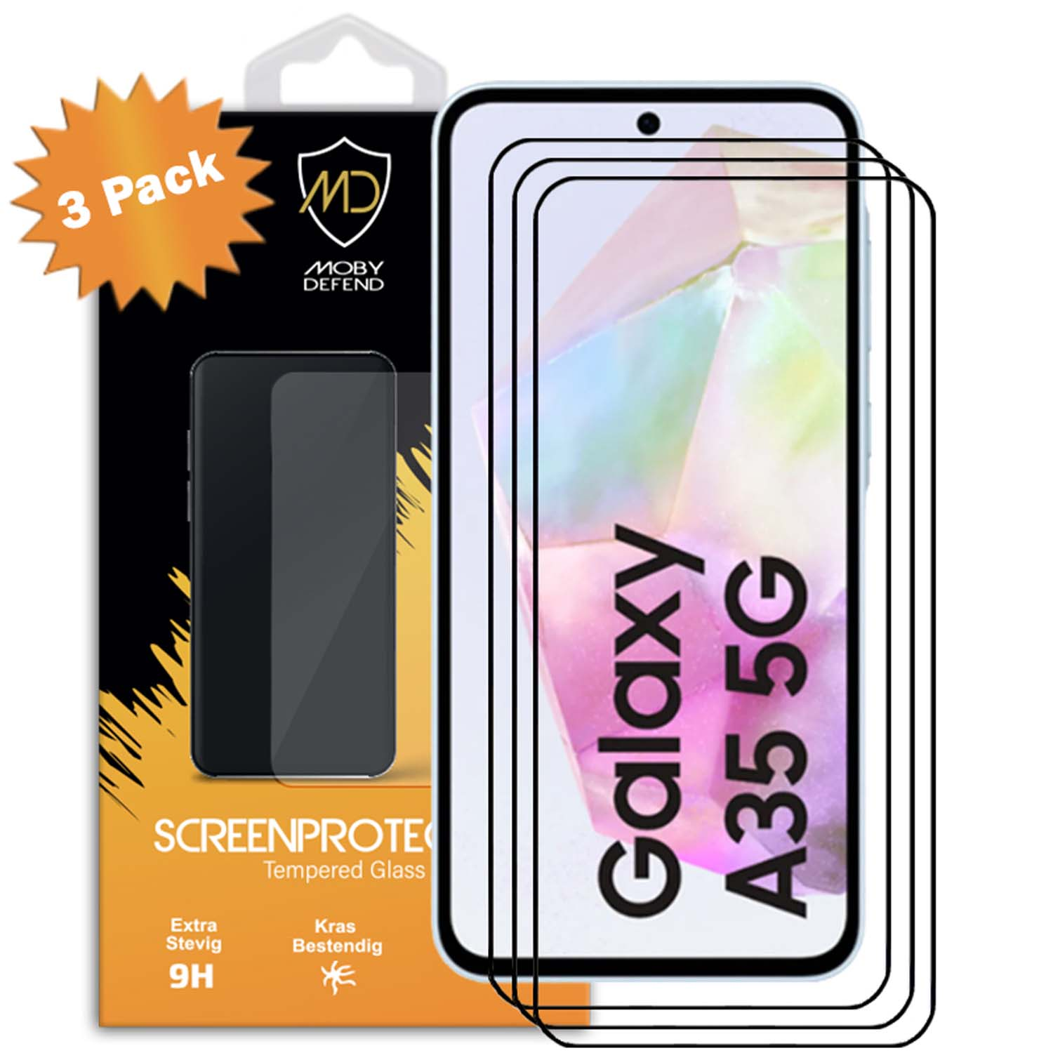 Telefoon met schermbeschermer en drie beschermers. Verpakking met telefoonscherm en tekst: Galaxy A35 5G.