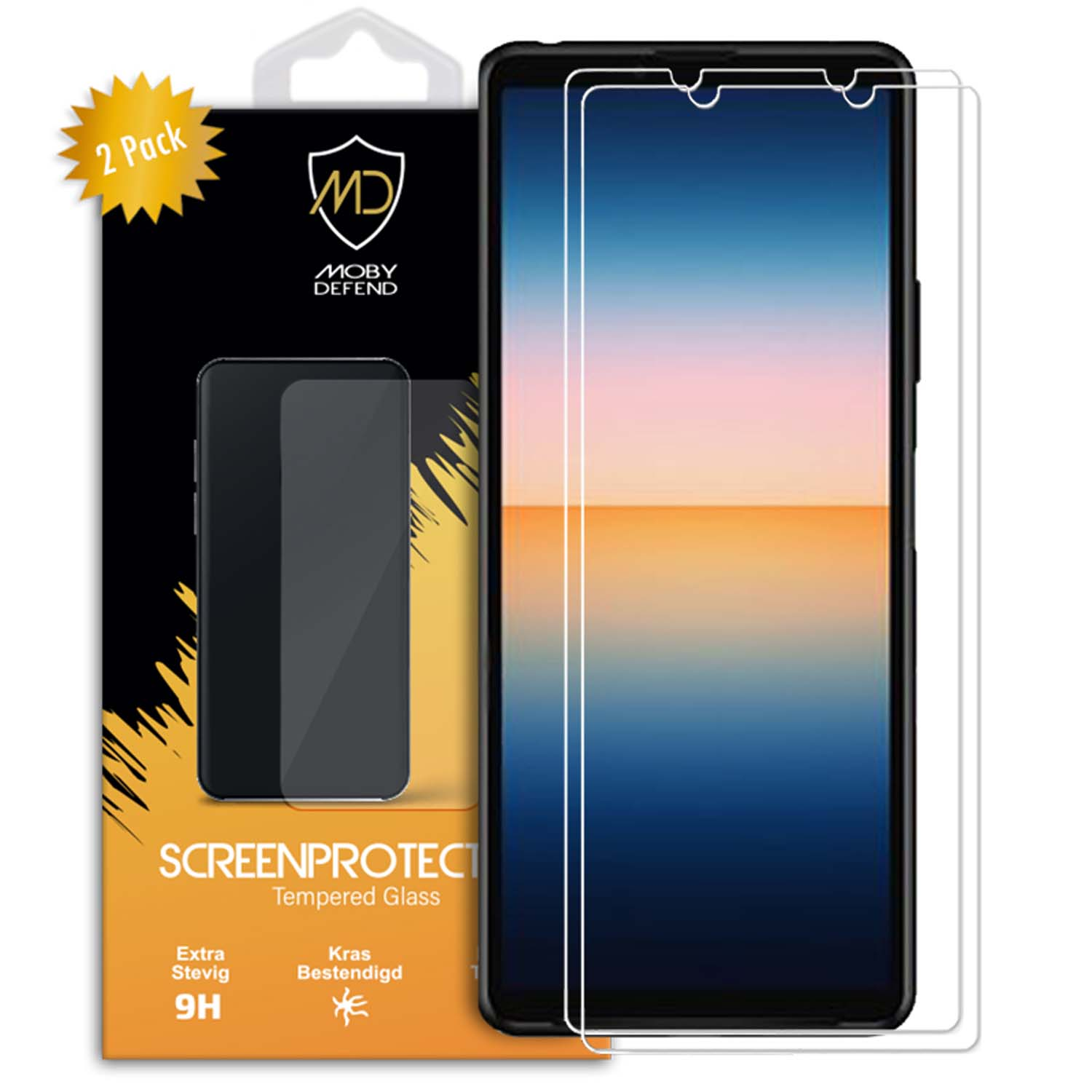 Een 2-pack schermbeschermer voor een smartphone. De doos heeft de merknaam, telefoon toont het scherm.