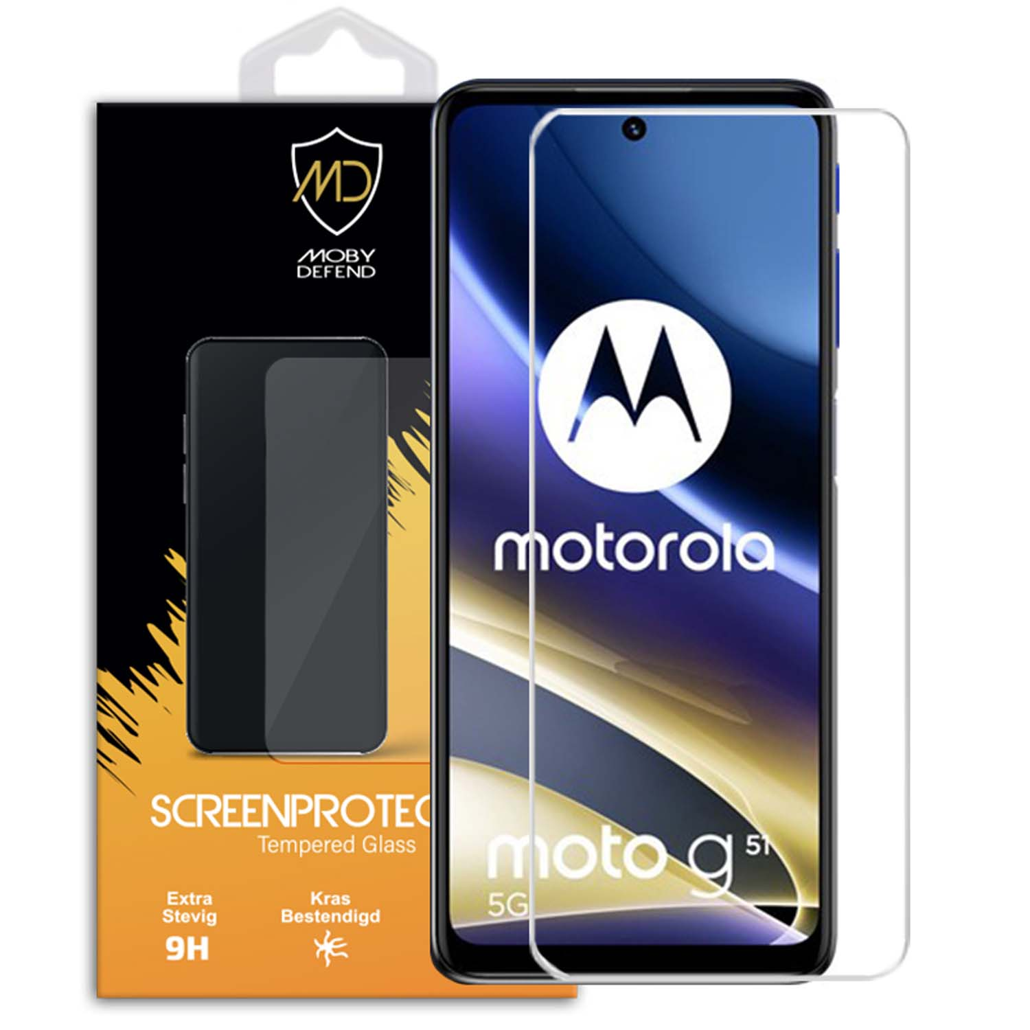 Telefoonschermbeschermer pack. Doos toont telefoonafbeelding en merknaam. Screenprotector zit op de telefoon.