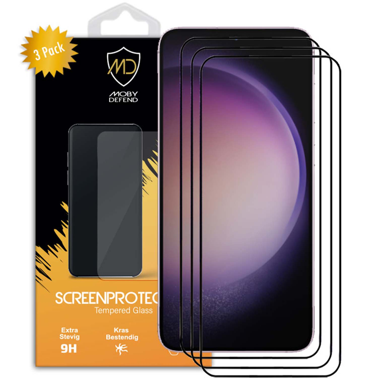 Telefoonschermbeschermer met drie beschermers. Verpakking met telefoon en beschermers, met tekst: Screen Protect.