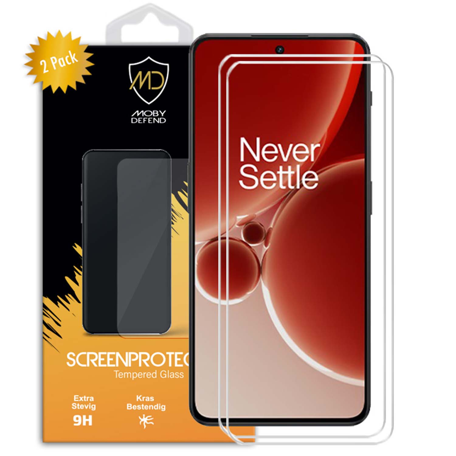 OnePlus telefoonschermbeschermers met 2-pack en het logo van het merk op de verpakking.