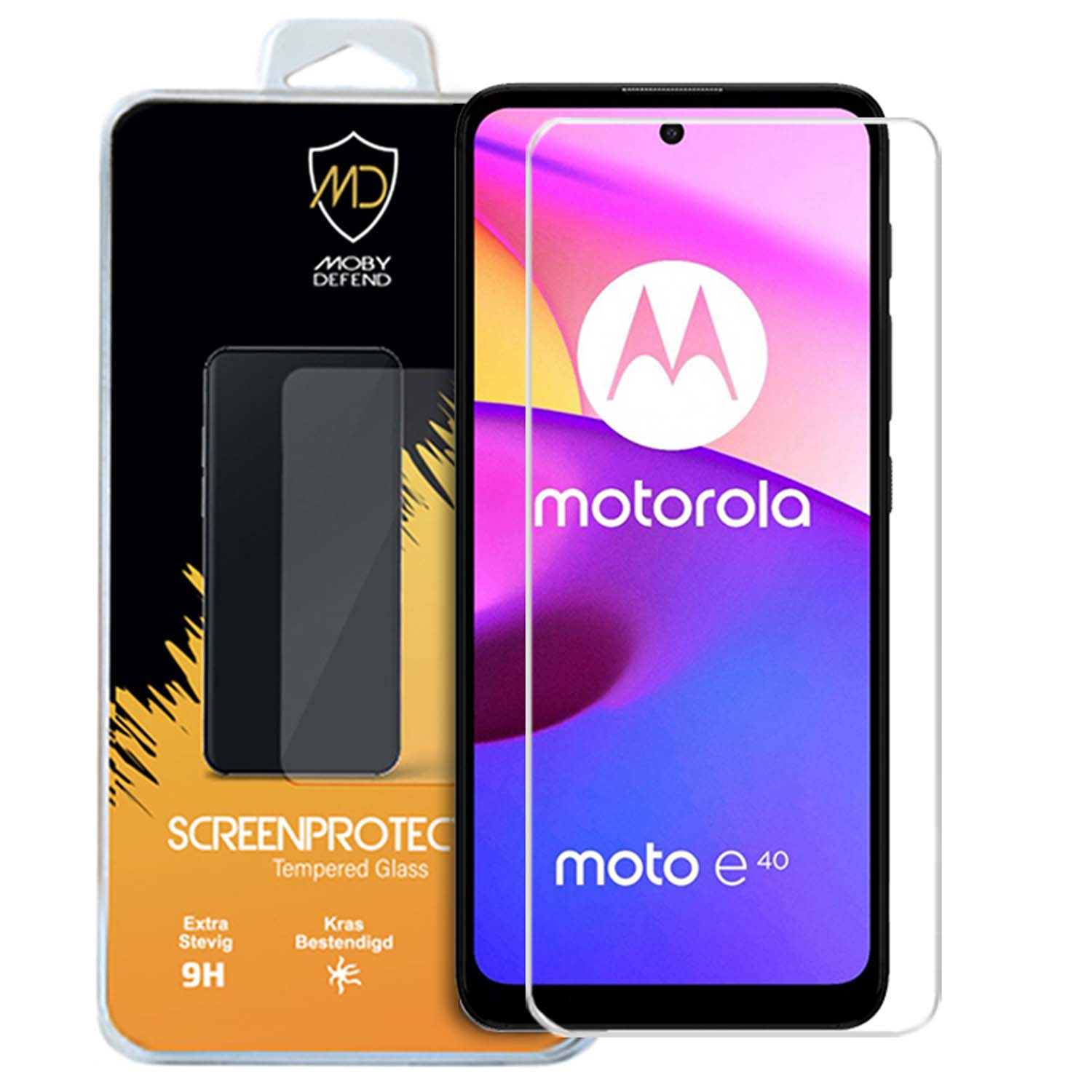 Een telefoon met schermbeschermers. Het scherm toont het Motorola-logo en de tekst 'moto e40'.