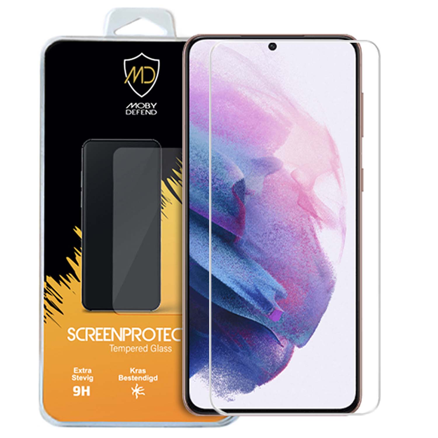 Schermbeschermer voor een smartphone. De doos heeft de merknaam en de telefoon staat rechts.