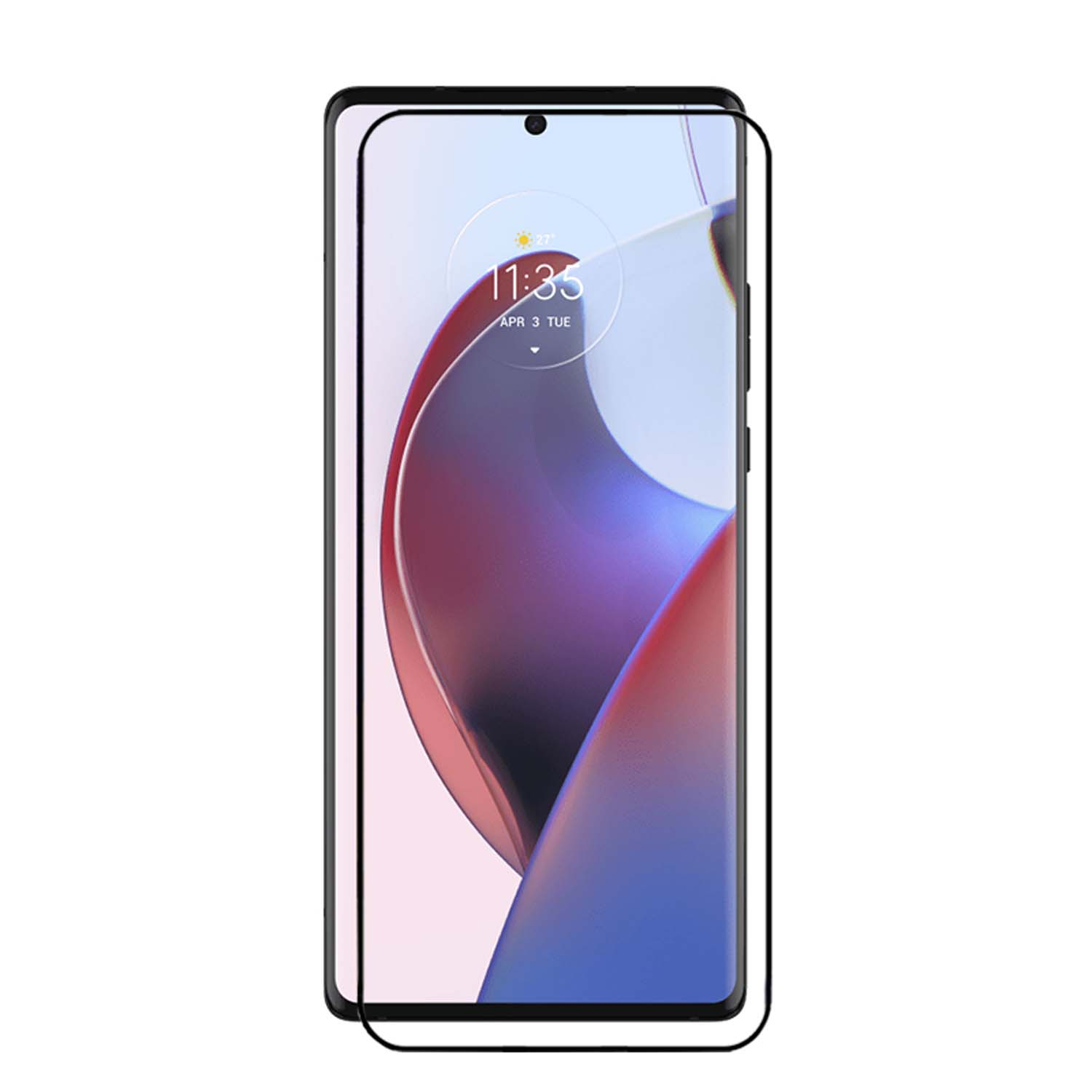 Téléphone Motorola avec protecteur d'écran. L'écran affiche la date et l'heure.