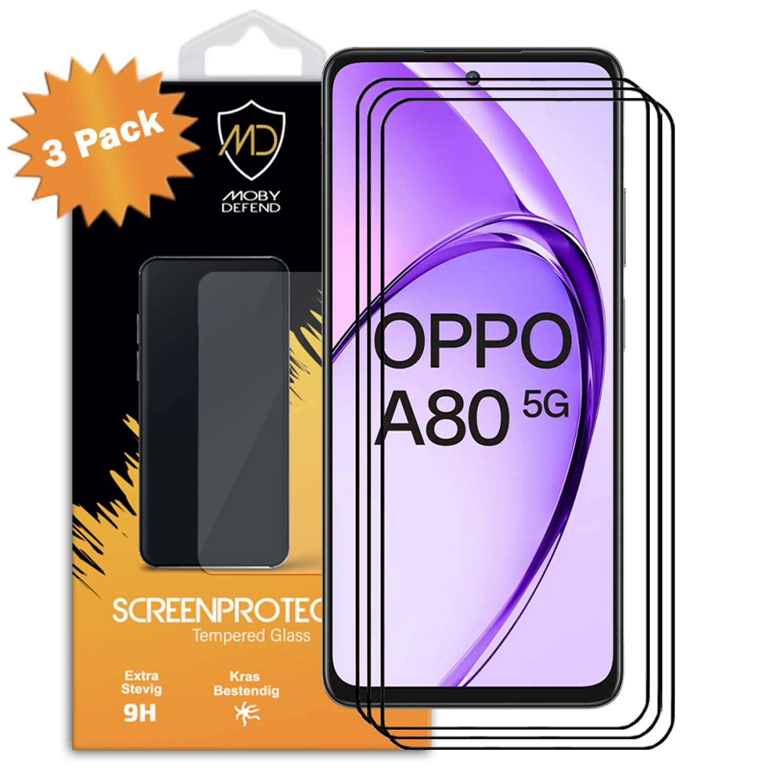 Écran du téléphone Oppo A80 5G avec protecteurs et emballage Moby Defend.
