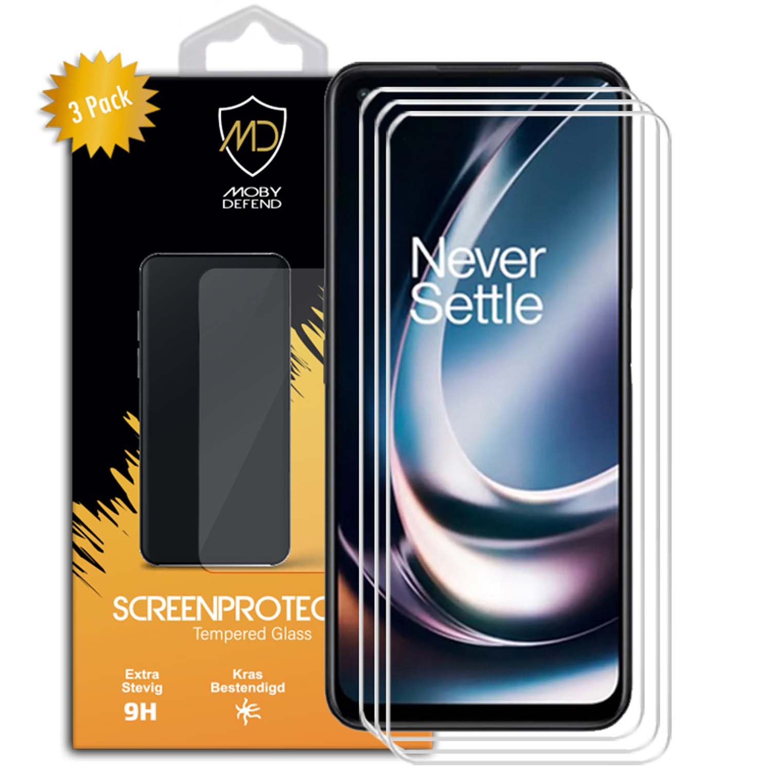 Een set telefoon screenprotectors. Telefoon met 'Never Settle' op het scherm. Doos toont telefoon en protector.