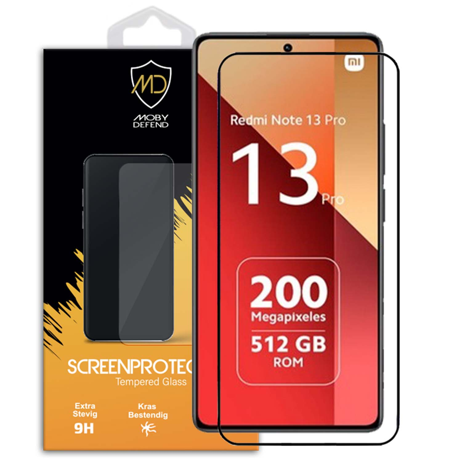 Téléphone Redmi Note 13 Pro avec protecteur d'écran. Fond rouge avec texte : 200 mégapixels, 512 Go ROM.