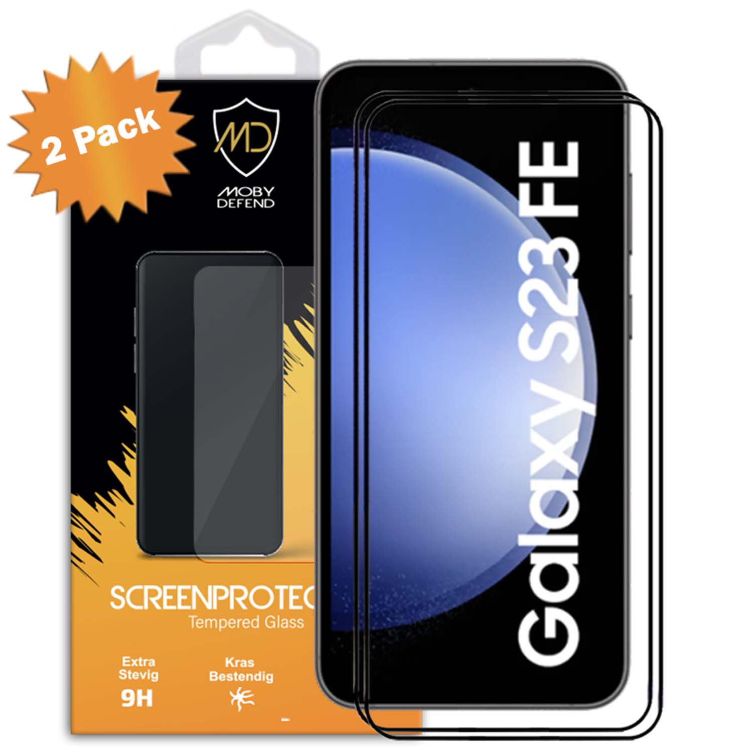 Telefoon met schermbeschermer en verpakking. Verpakking zegt "Galaxy S23 FE".