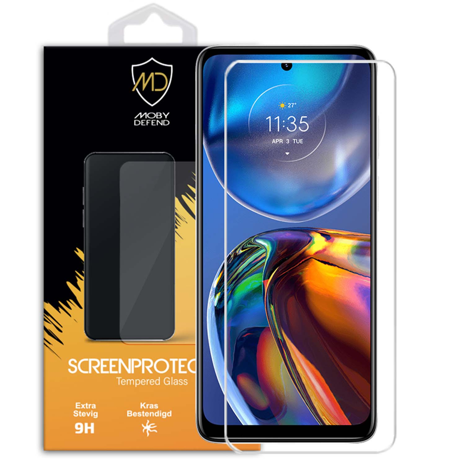 Telefoonschermbeschermer pack. Doos toont telefoonafbeelding en merknaam. Screenprotector zit op de telefoon.