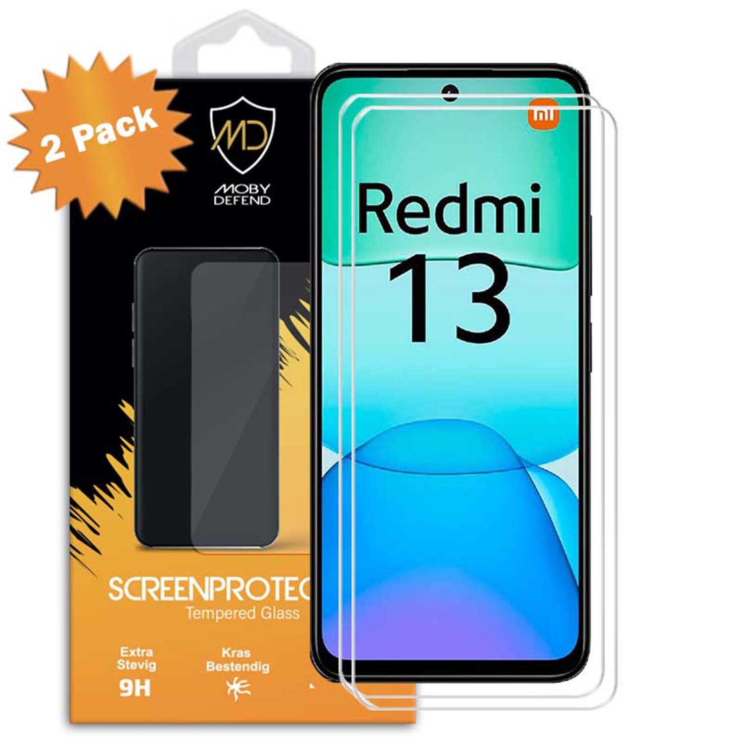Telefoon met een schermbeschermer, met 'Redmi 13' op het scherm en een verpakking.