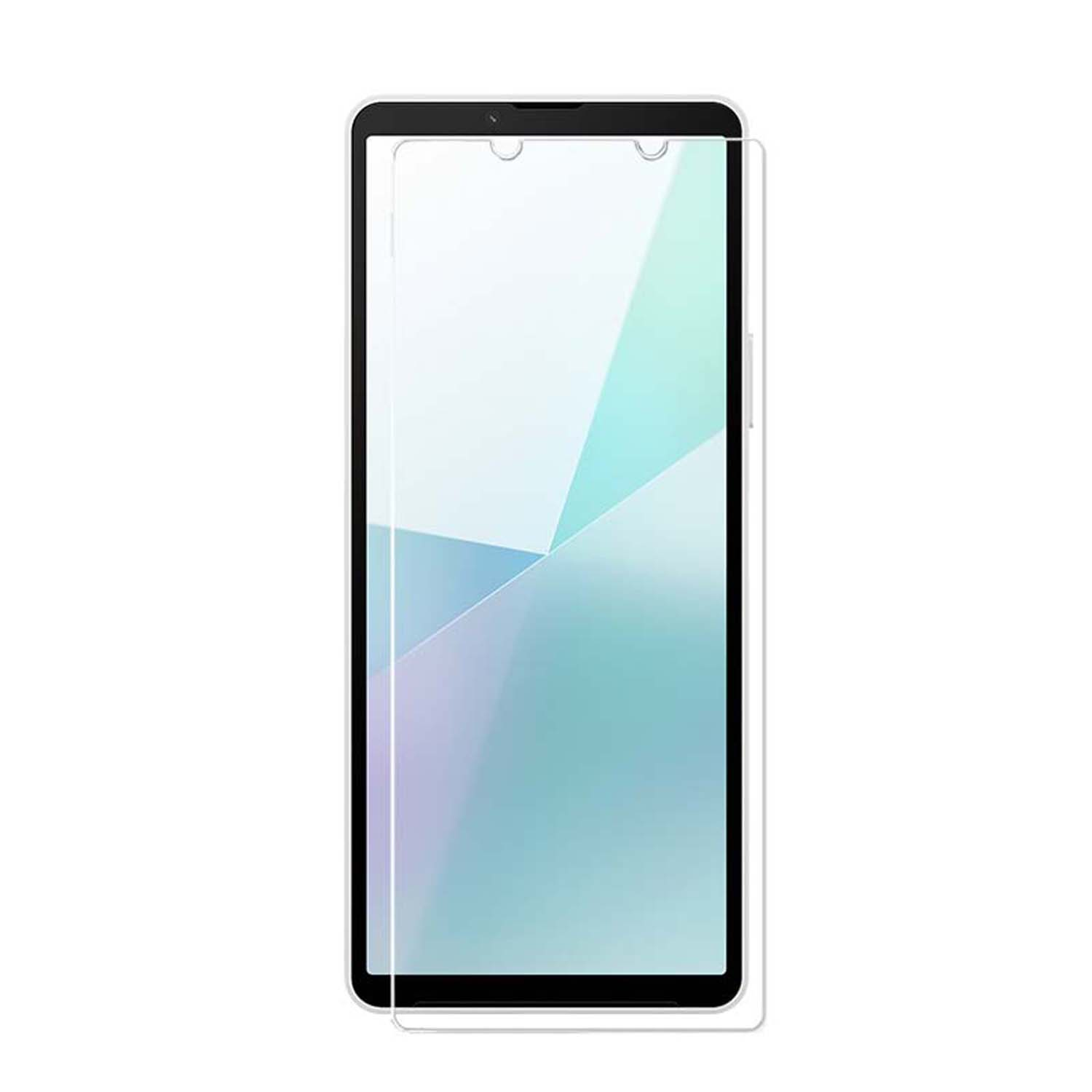 Smartphone met schermbeschermer. Het scherm toont een lichtblauw en wit ontwerp.