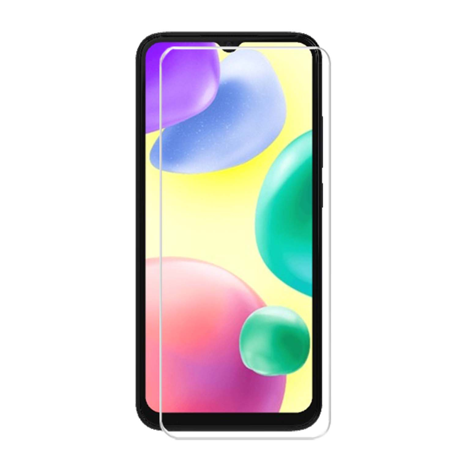 Écran de téléphone avec protecteur. Formes abstraites colorées sur l'écran.