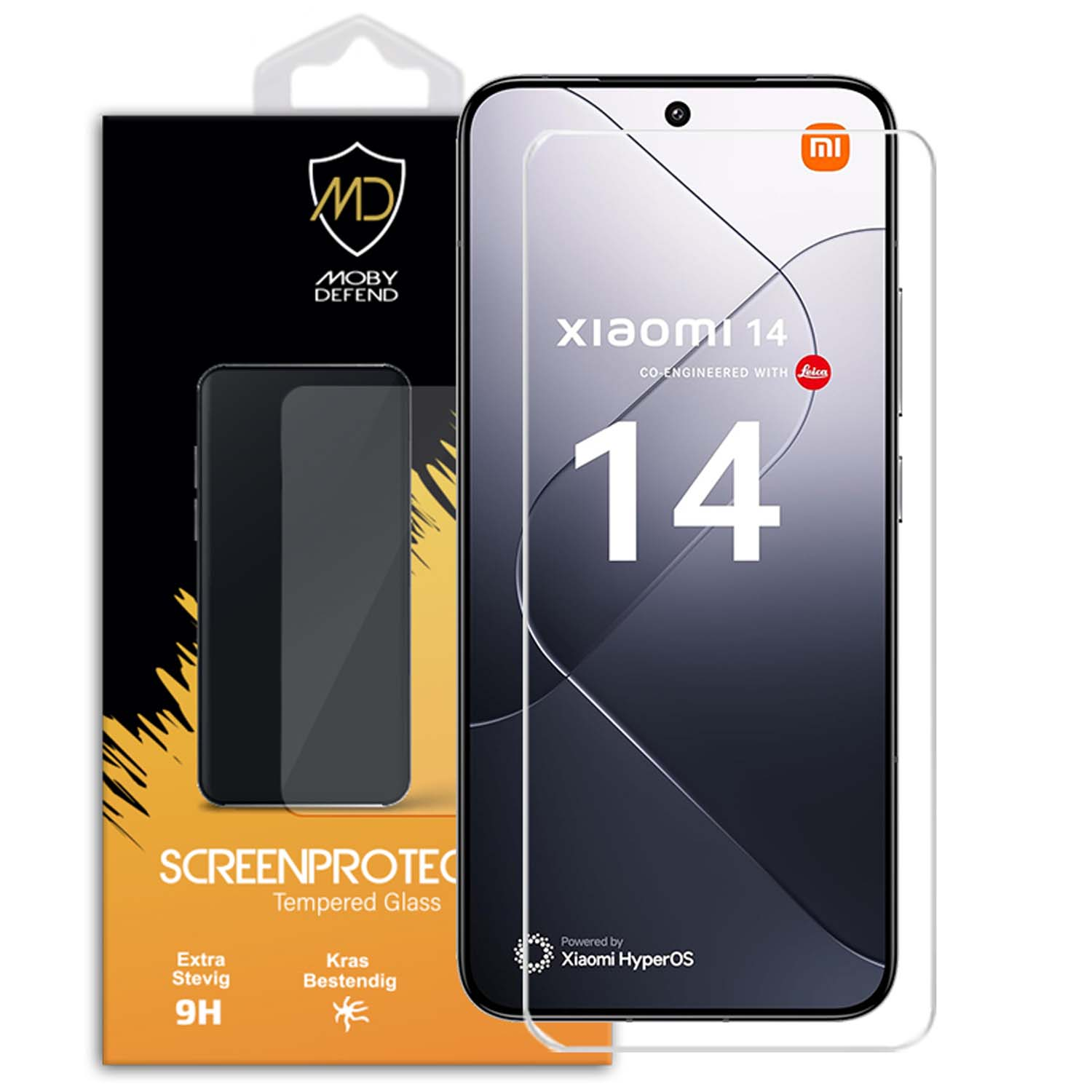 Pack de protection d'écran de téléphone. La boîte affiche l'image du téléphone et le nom de la marque. Le protecteur est sur le téléphone.