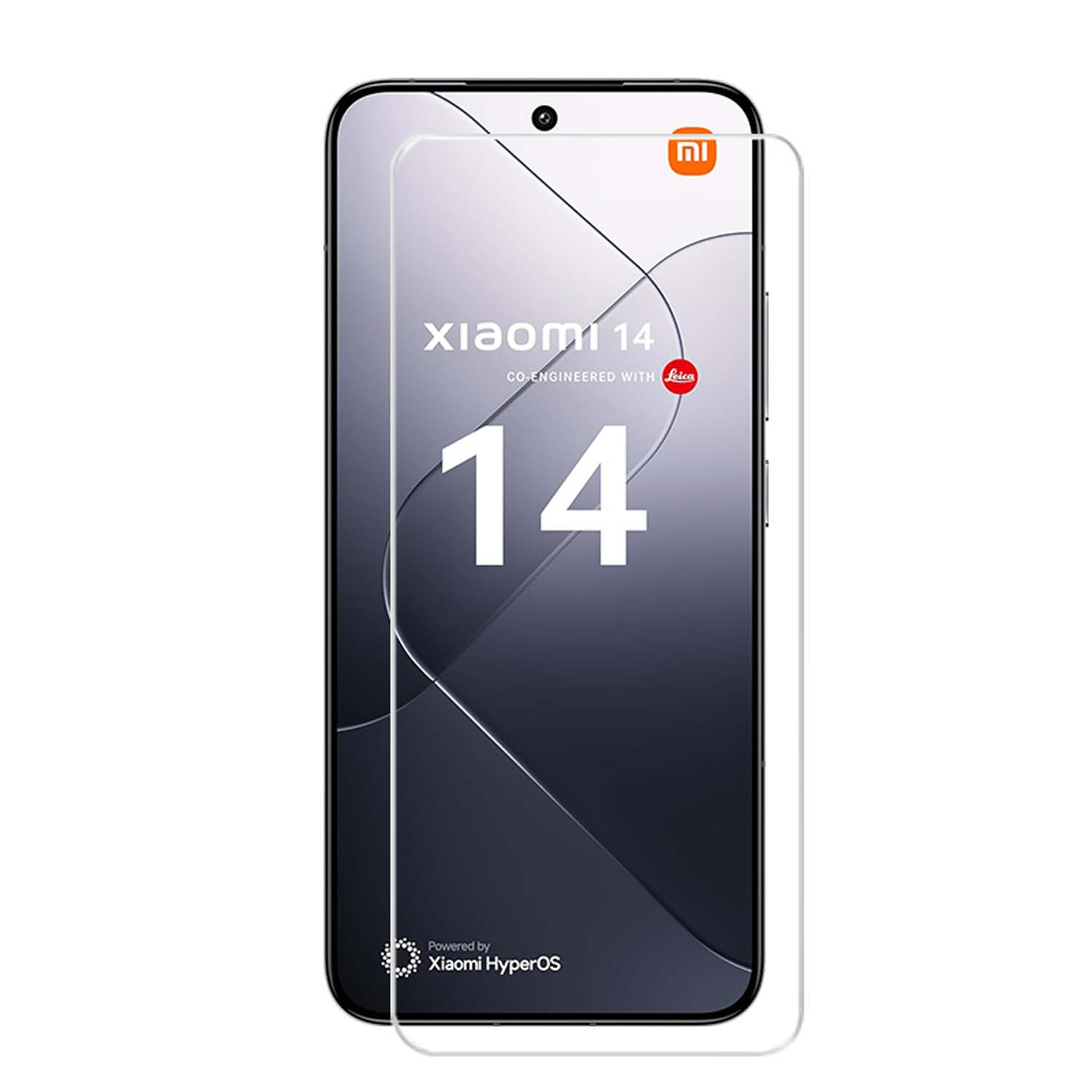 Téléphone Xiaomi avec protecteur d'écran. Fond blanc. Logo Xiaomi en haut à droite.