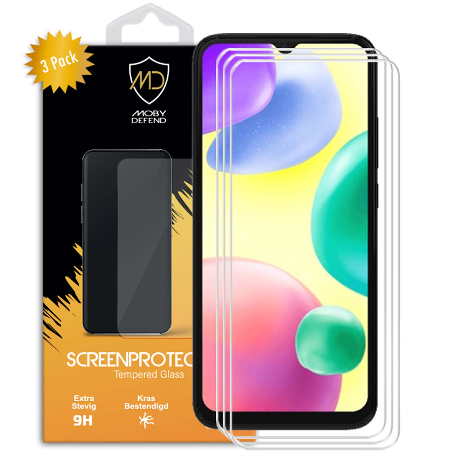 Une boîte de protection d'écran de téléphone avec un téléphone et trois protecteurs d'écran. La boîte est noire et dorée.