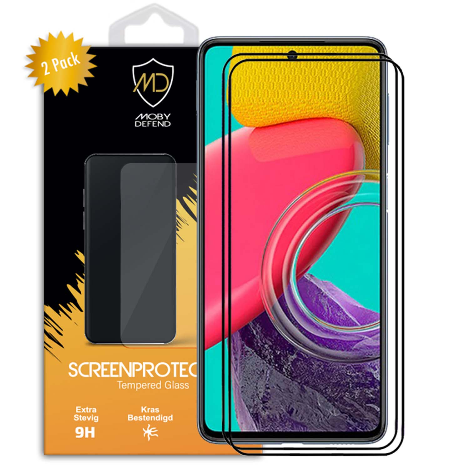 Verpakking met 2 schermbeschermers voor telefoon, naast een telefoon.