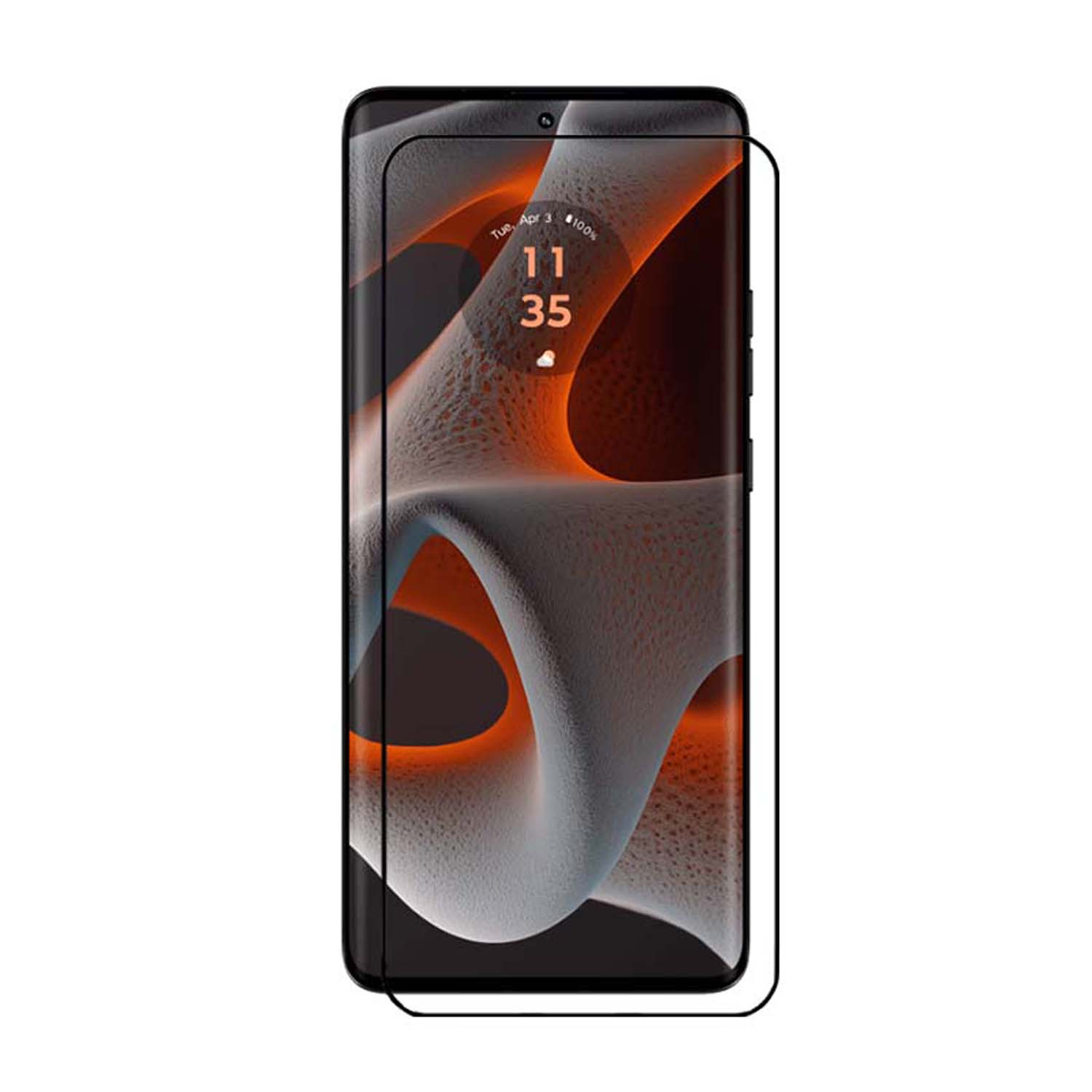 Téléphone avec protecteur. Affichant l'heure : 11:35 et un fond flou et abstrait.