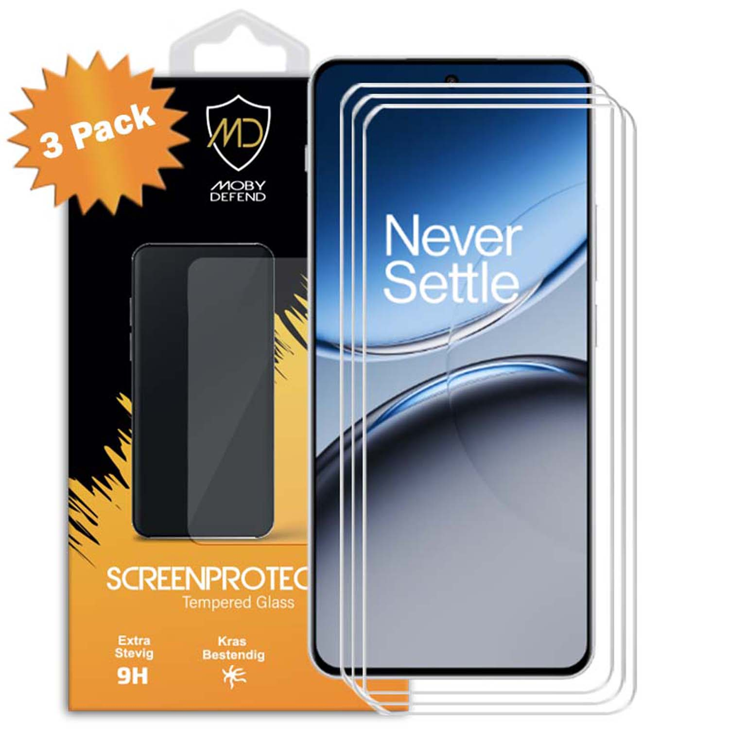 Un téléphone avec protecteurs d'écran. L'écran affiche le texte 'Never Settle'.
