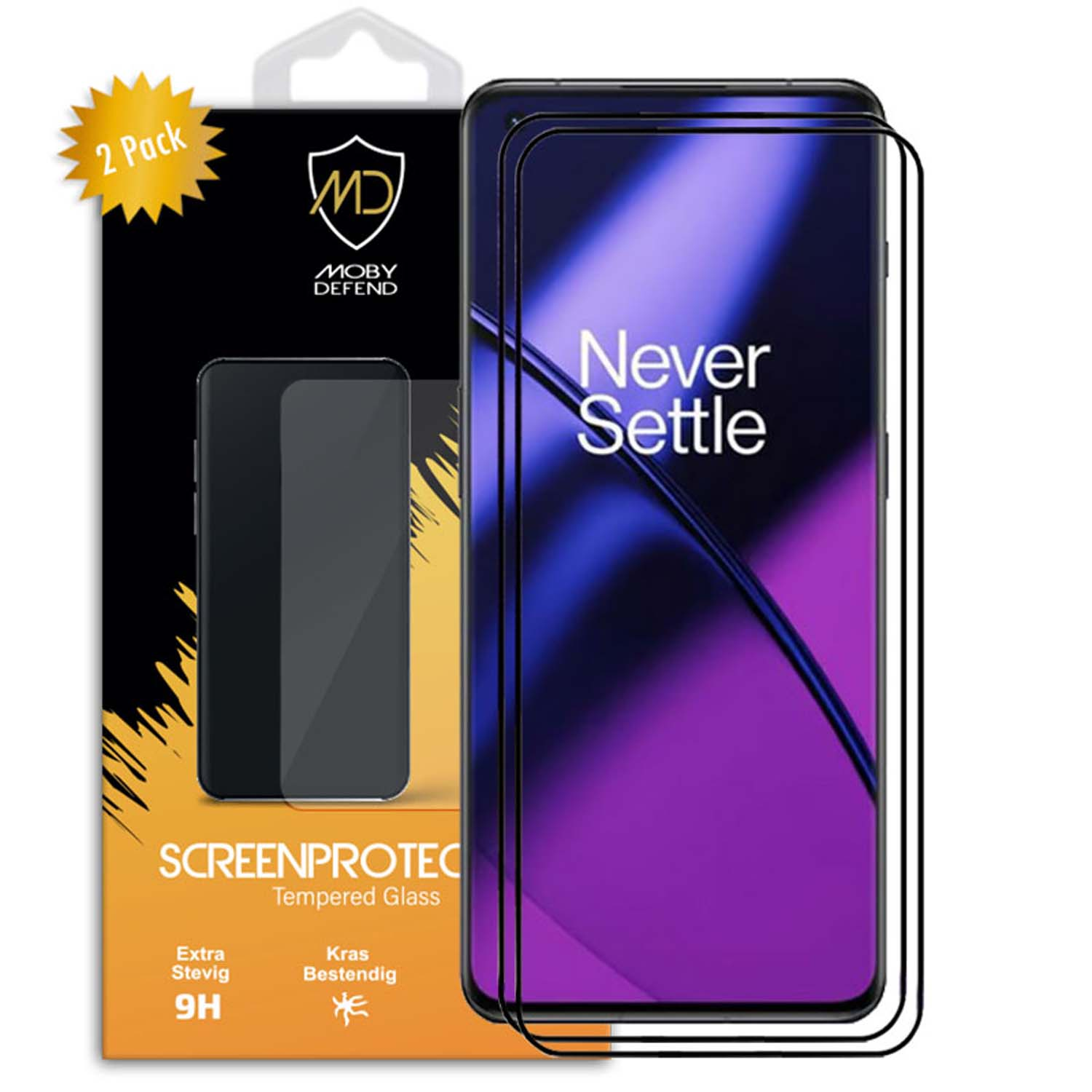 Boîte avec protecteur d'écran. Le téléphone affiche Never Settle, deux protecteurs.
