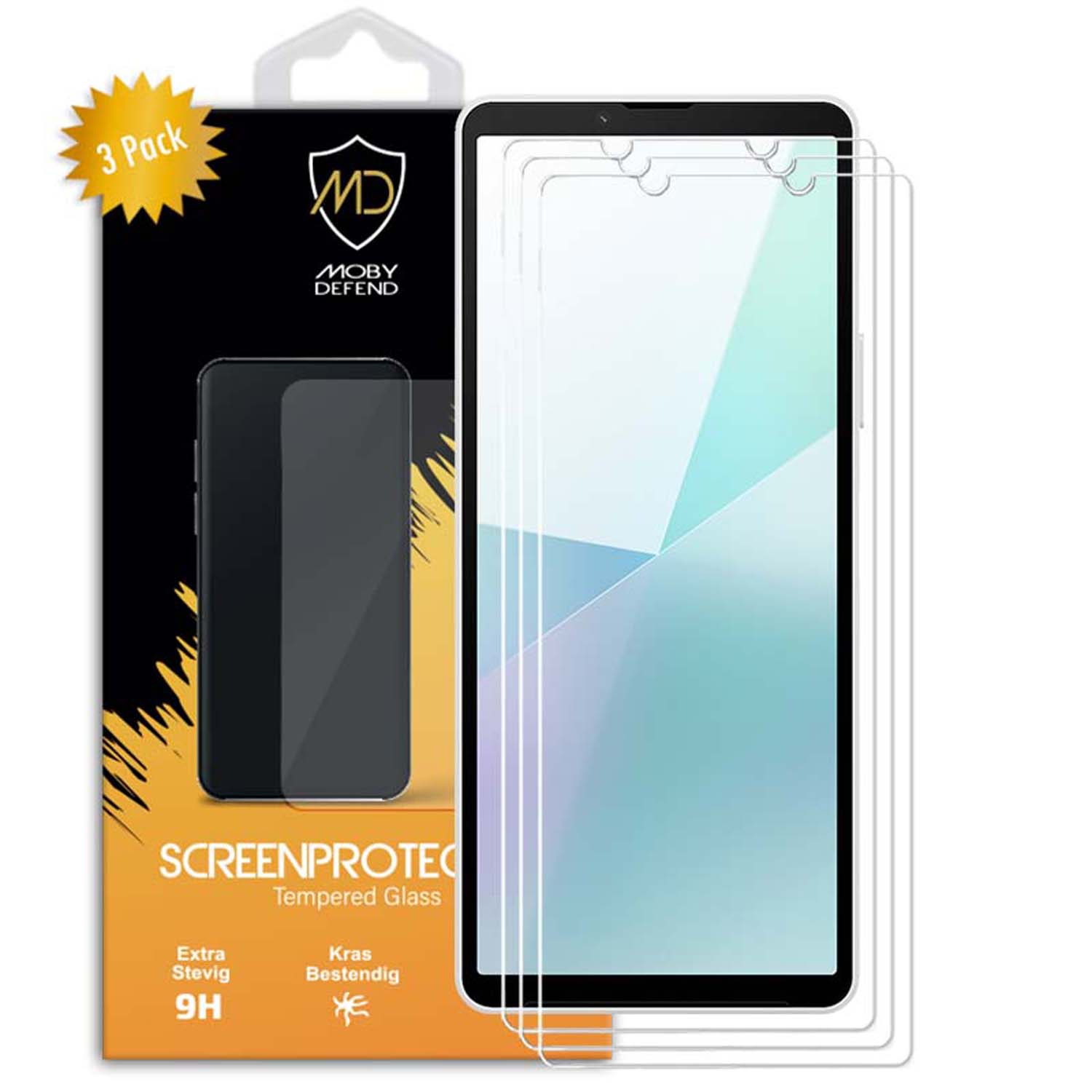 Telefoon met schermbeschermer, doos met logo en info. 3-pack.
