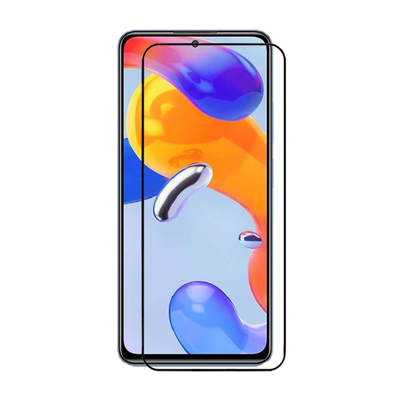 Téléphone avec protecteur d'écran. L'écran affiche un design abstrait avec de l'orange, du bleu et de l'argent. Cadre noir.