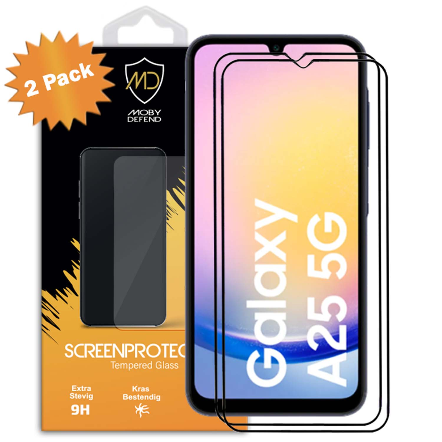 Een telefoon screenprotector pack. Een Samsung Galaxy A25 5G telefoon met screenprotector.