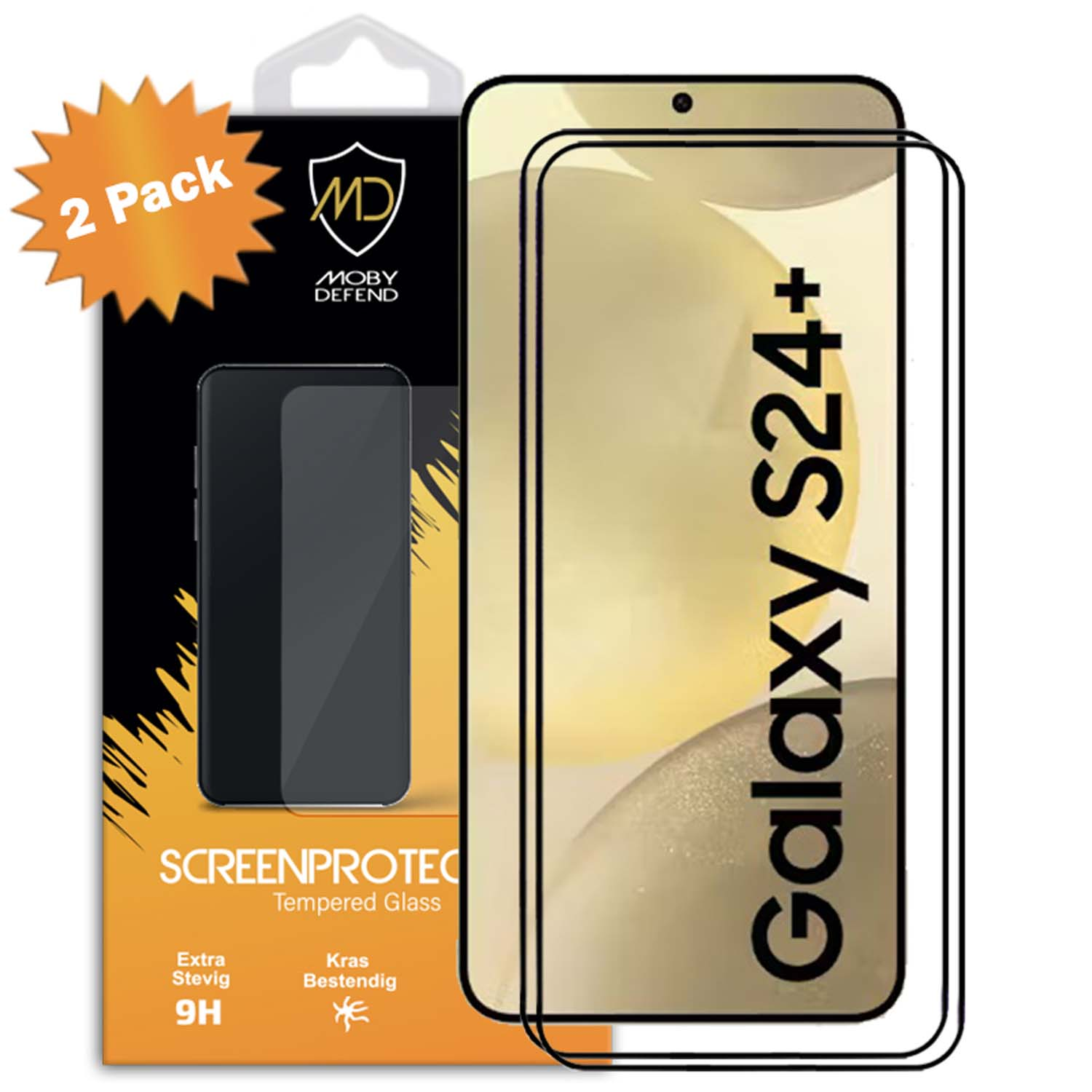 Boîte avec protecteur d'écran. Le téléphone affiche Galaxy S24+, deux protecteurs.