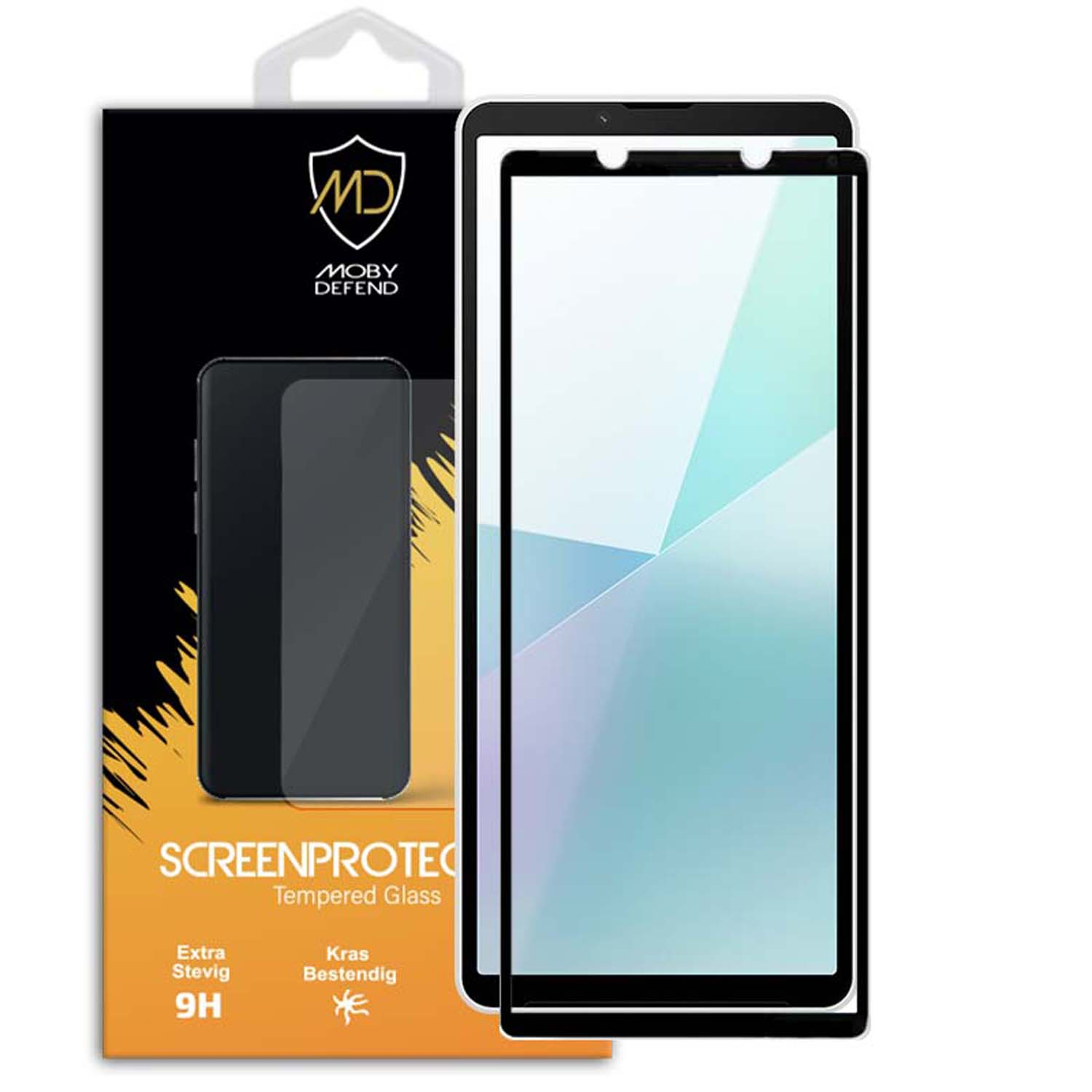 Téléphone avec protecteur d'écran. L'écran affiche un fond abstrait clair.