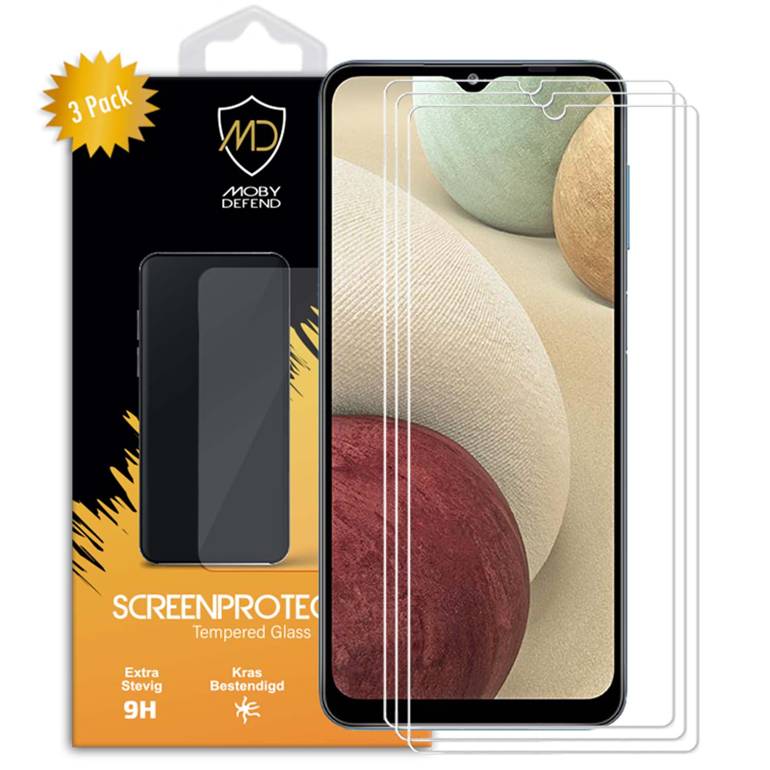 Telefoonschermbeschermer pack. Doos toont telefoonafbeelding en merknaam. Screenprotector zit op de telefoon.