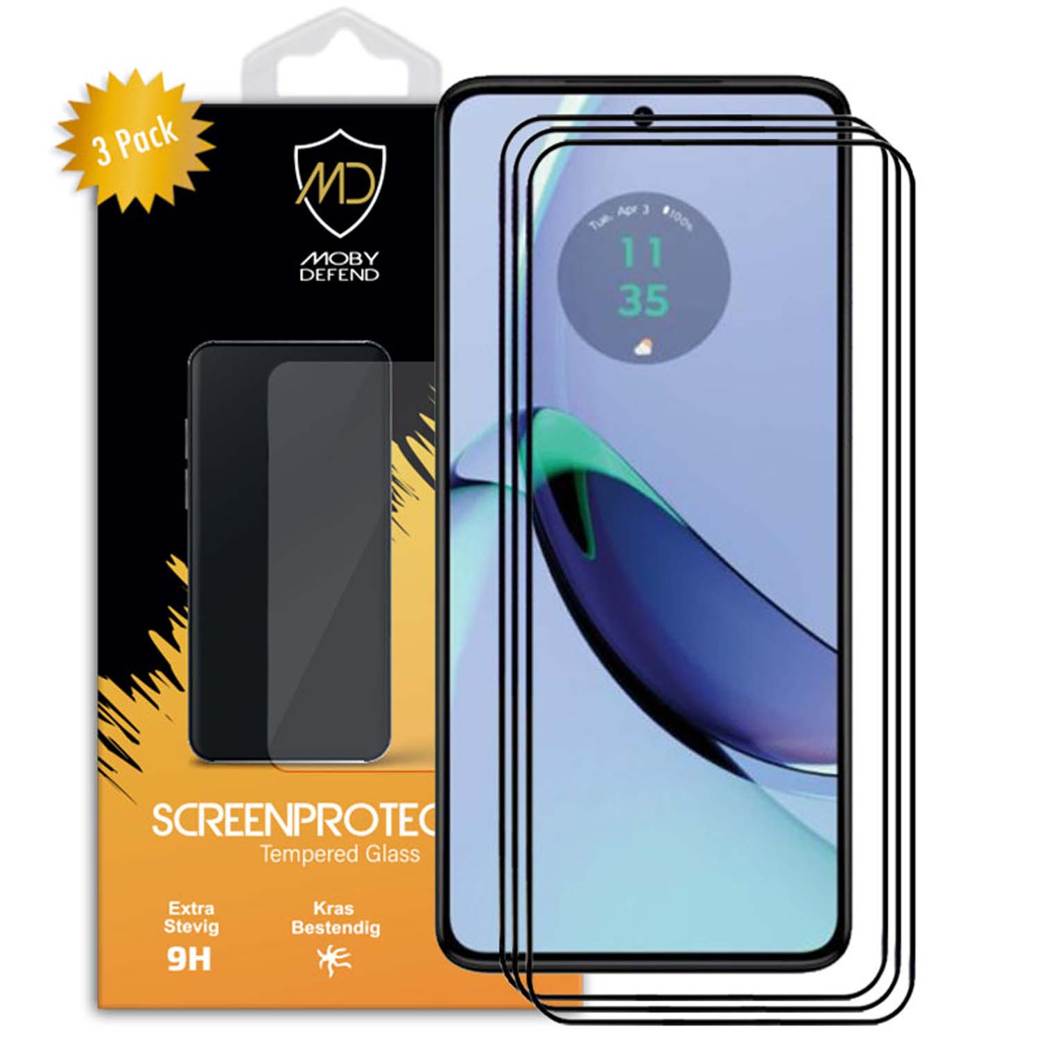 Une boîte de protection d'écran de téléphone avec un téléphone et trois protecteurs d'écran. La boîte est noire et dorée.