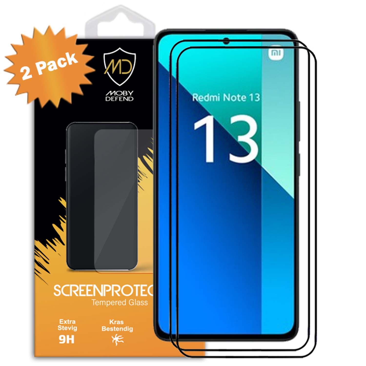 Telefoonschermbeschermer met een Redmi Note 13-display. Verpakking zegt '2 Pack' en 'Tempered Glass'.