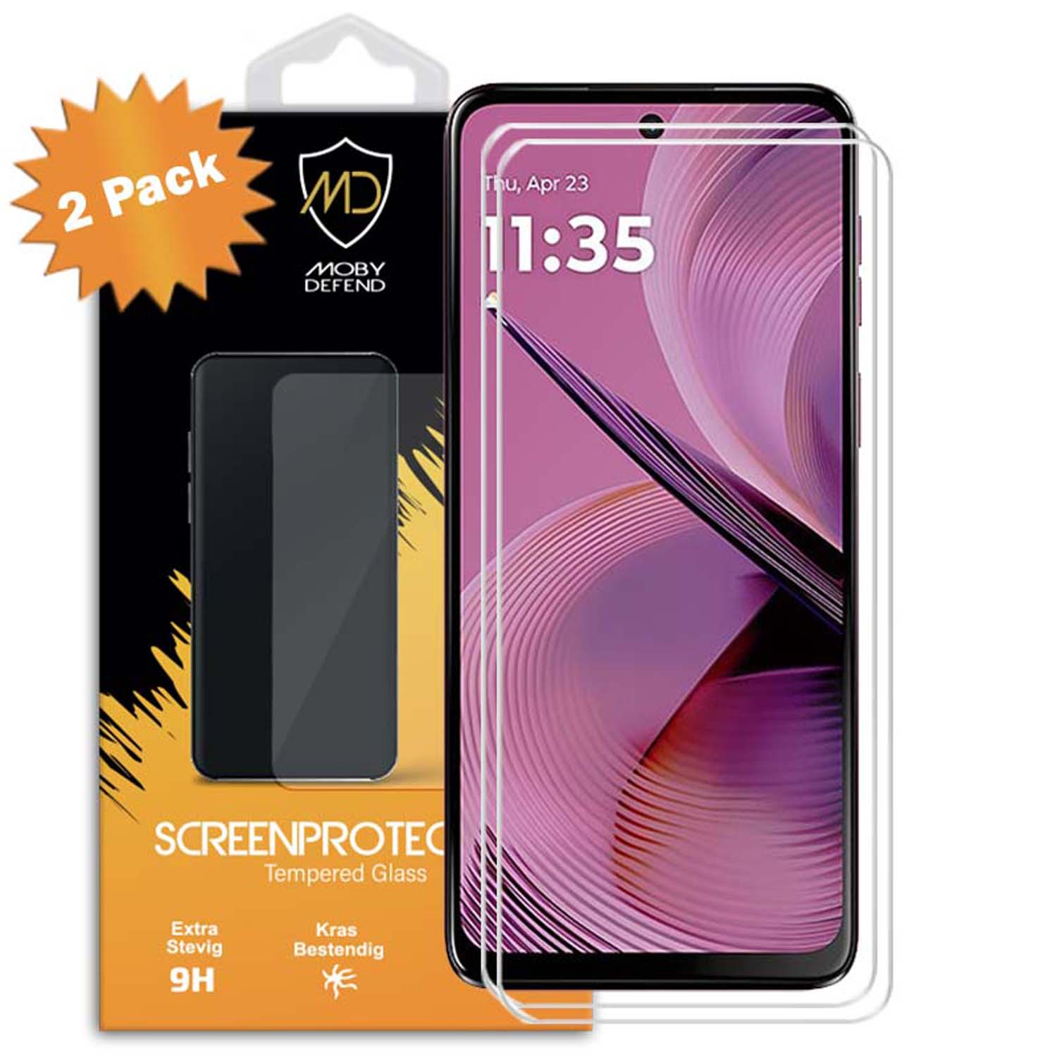 Protecteur d'écran de téléphone avec pack de 2, marque Moby Defend, verre trempé, téléphone noir, heure à l'écran.